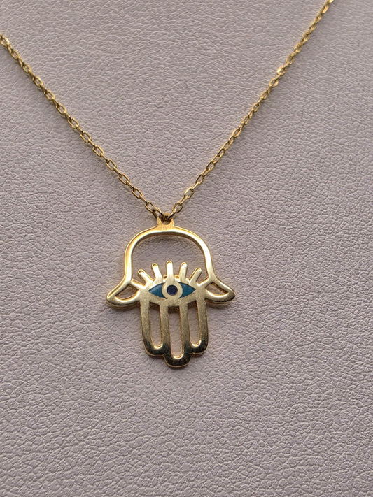 18K Yellow Gold Hamsa Hand Pendant Necklace 16 Inch 1.8g Solid Gold Protection Amulet Fine Jewelry