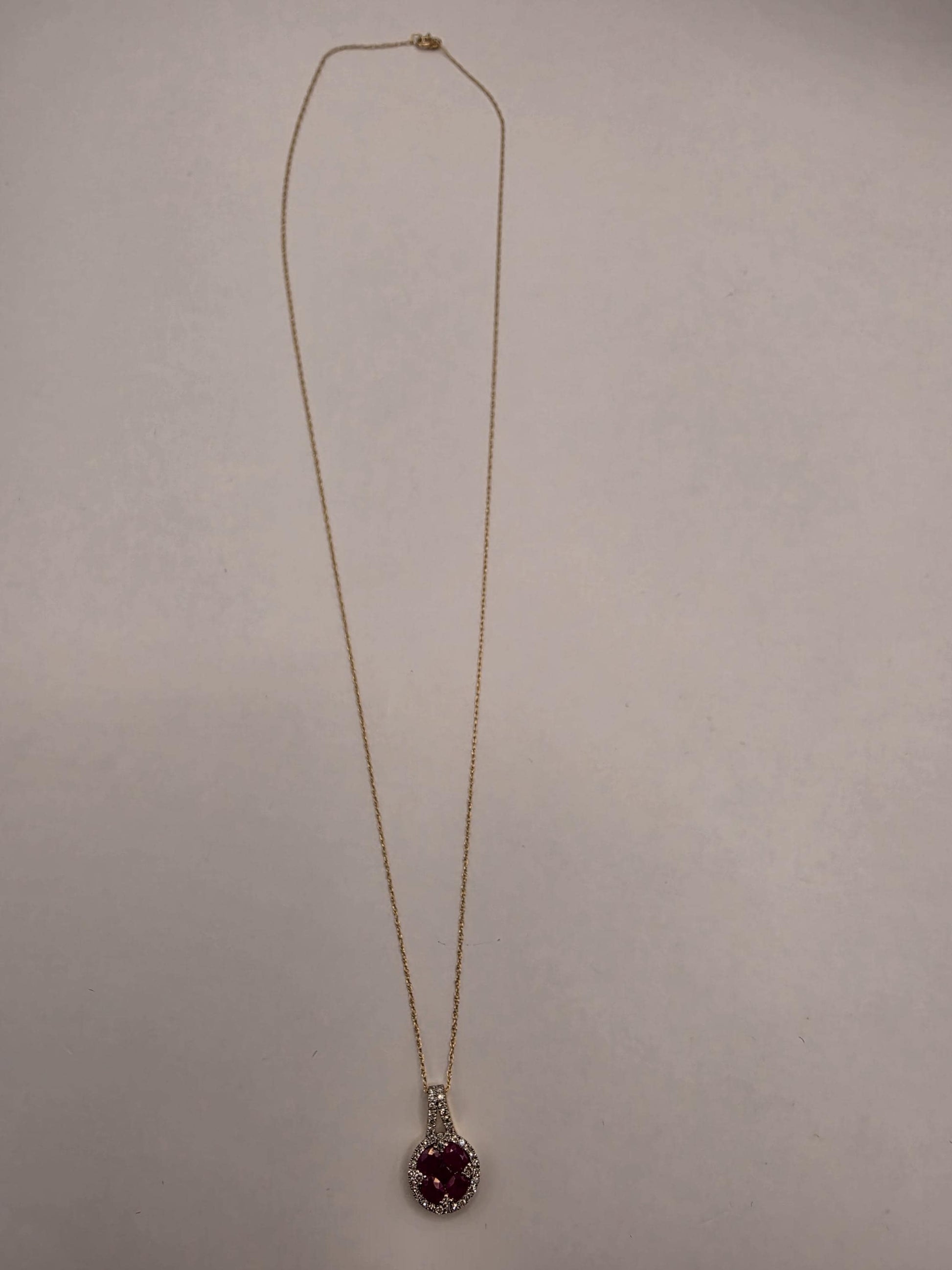 14K Yellow Gold 1 CT Ruby Natural Diamond Halo Necklace 19 Inch 1.9g Solid Gold Fine Jewelry Gift for Her