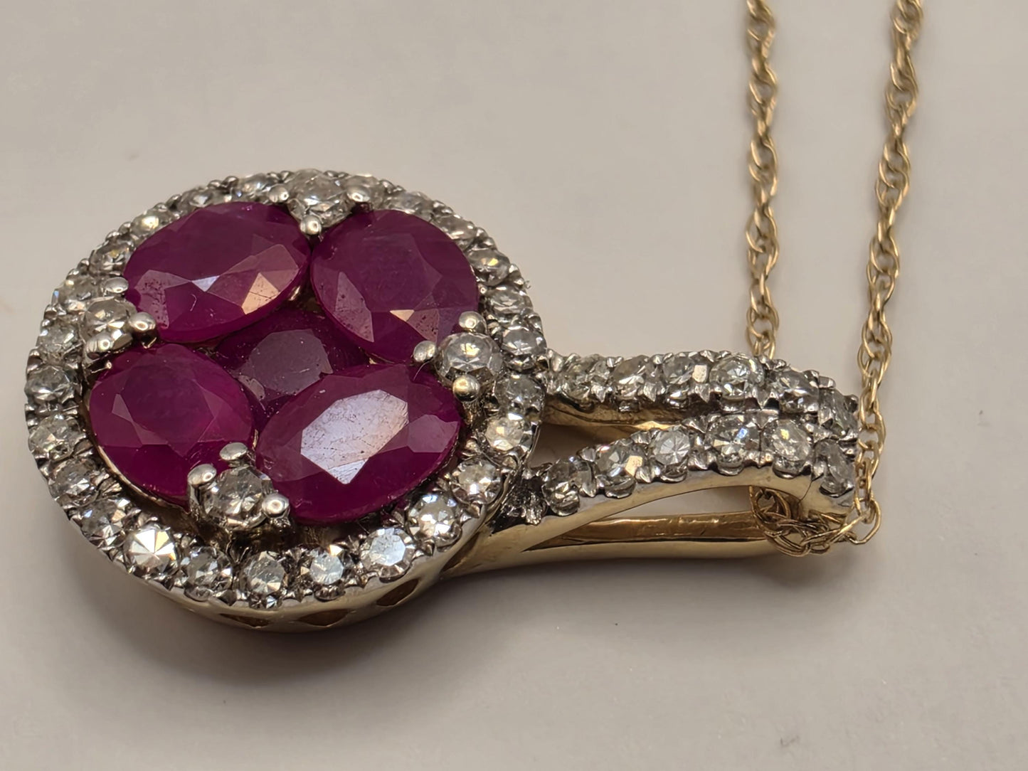 14K Yellow Gold 1 CT Ruby Natural Diamond Halo Necklace 19 Inch 1.9g Solid Gold Fine Jewelry Gift for Her