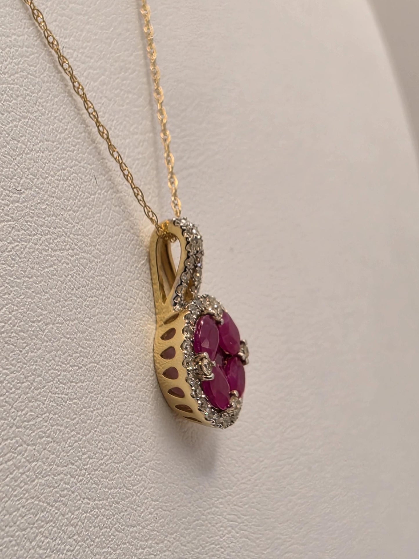 14K Yellow Gold 1 CT Ruby Natural Diamond Halo Necklace 19 Inch 1.9g Solid Gold Fine Jewelry Gift for Her