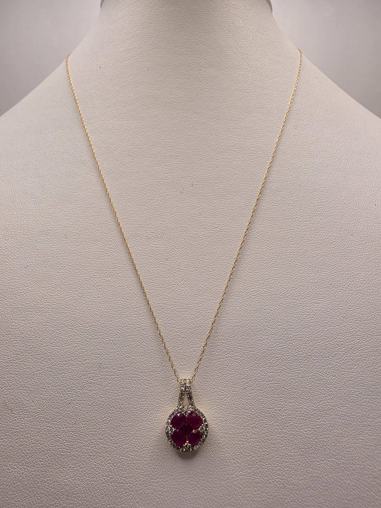 14K Yellow Gold 1 CT Ruby Natural Diamond Halo Necklace 19 Inch 1.9g Solid Gold Fine Jewelry Gift for Her