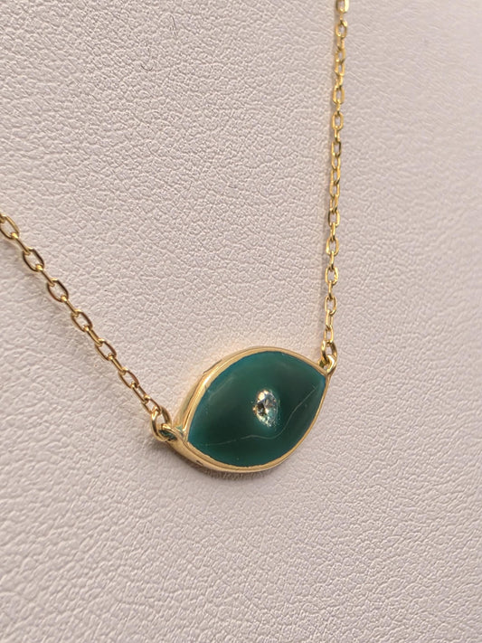 18K Yellow Gold Green Enamel Evil Eye Necklace 17 Inch 2.2g Solid Gold Protection Amulet Fine Jewelry