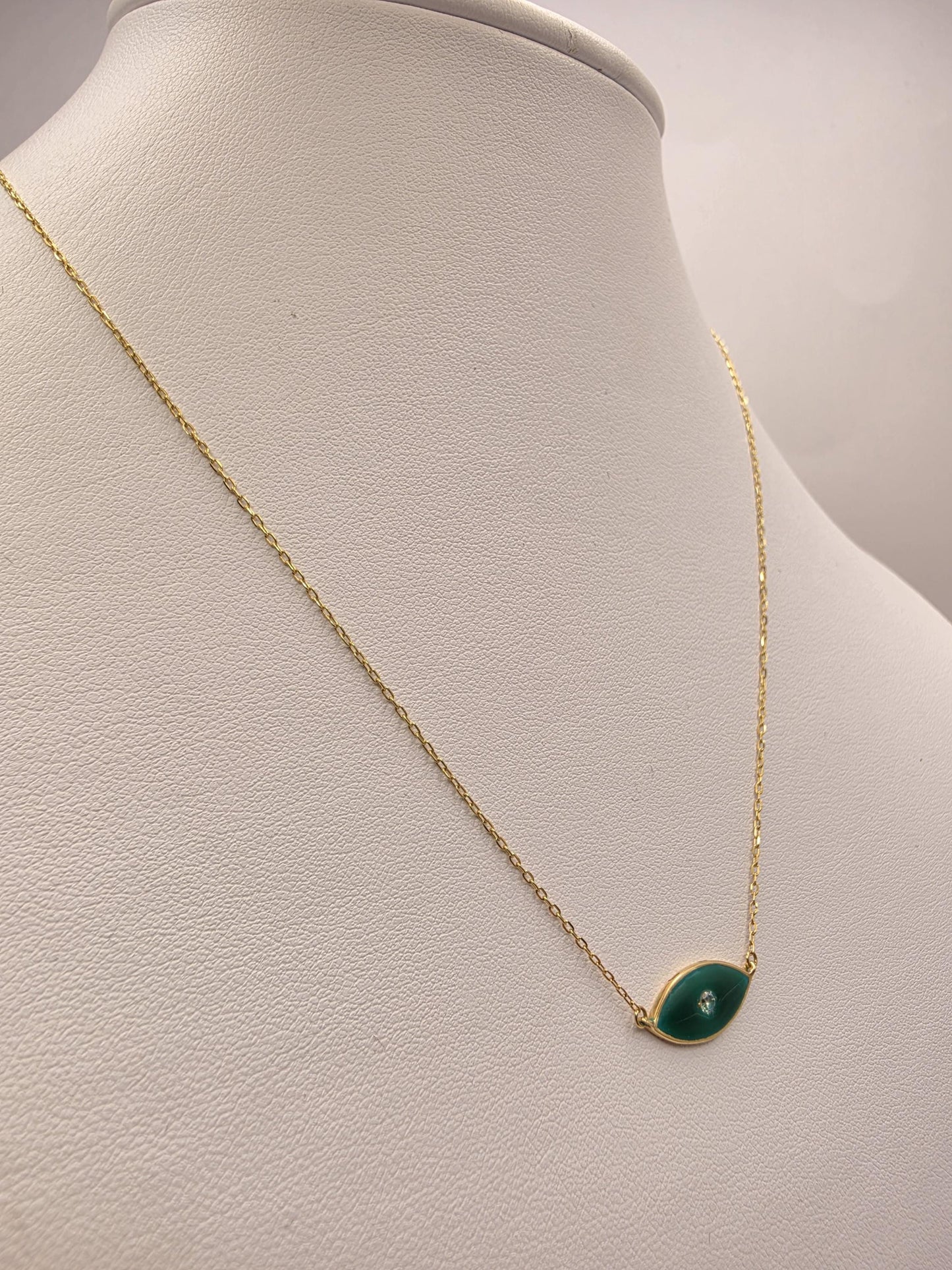 18K Yellow Gold Green Enamel Evil Eye Necklace 17 Inch 2.2g Solid Gold Protection Amulet Fine Jewelry