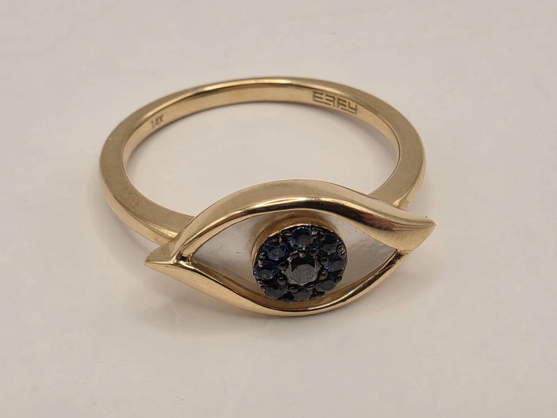 14K Yellow Gold Sapphire Mother of Pearl Evil Eye Ring Size 7 3.3g Solid Gold Protection Amulet Fine Jewelry