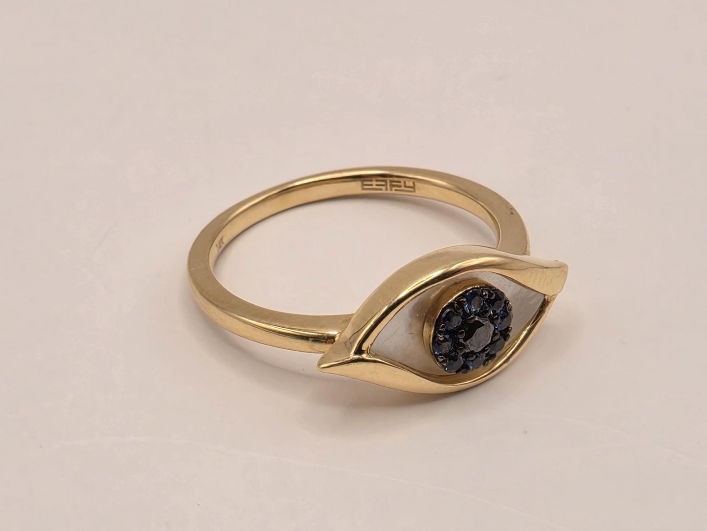 14K Yellow Gold Sapphire Mother of Pearl Evil Eye Ring Size 7 3.3g Solid Gold Protection Amulet Fine Jewelry