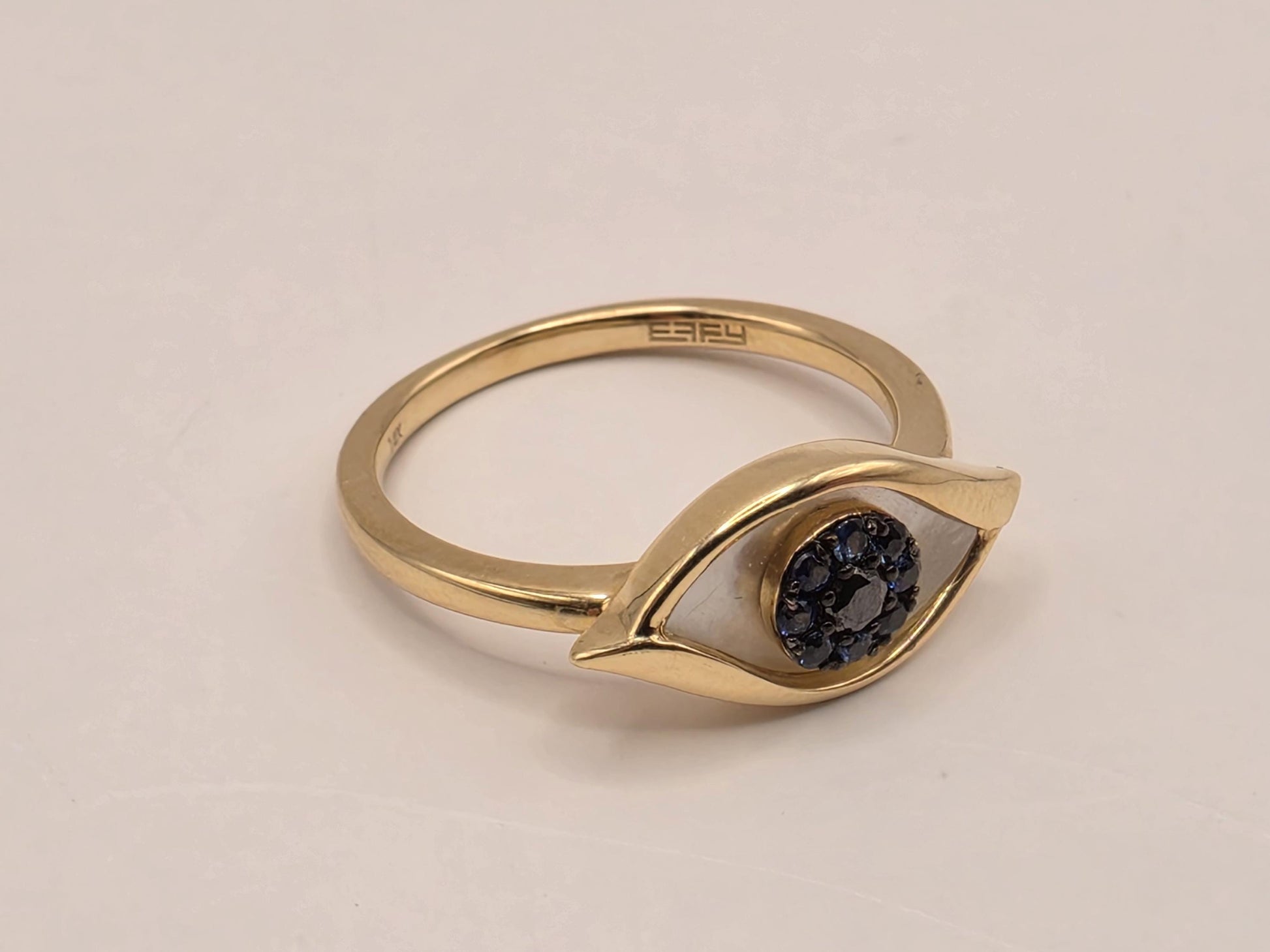 14K Yellow Gold Sapphire Mother of Pearl Evil Eye Ring Size 7 3.3g Solid Gold Protection Amulet Fine Jewelry