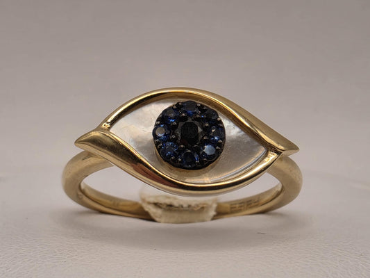 14K Yellow Gold Sapphire Mother of Pearl Evil Eye Ring Size 7 3.3g