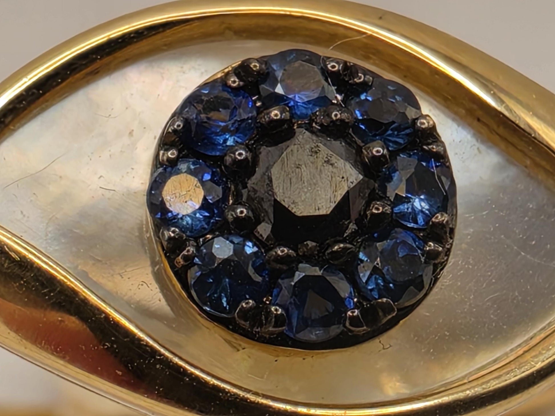 14K Yellow Gold Sapphire Mother of Pearl Evil Eye Ring Size 7 3.3g Solid Gold Protection Amulet Fine Jewelry