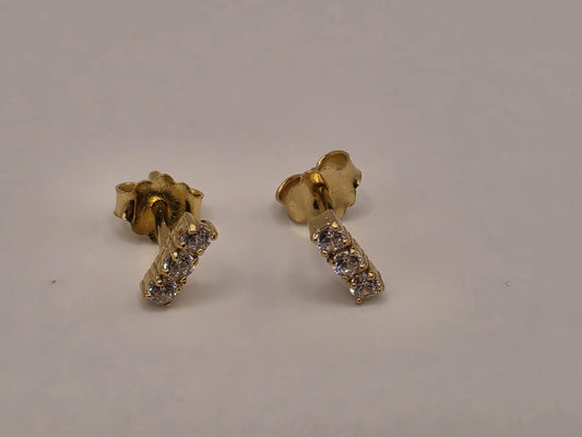 18K Yellow Gold Clear Stone Bar Stud Earrings 0.125 x 0.5 Inch 1g Solid Gold Fine Jewelry Gift for Her