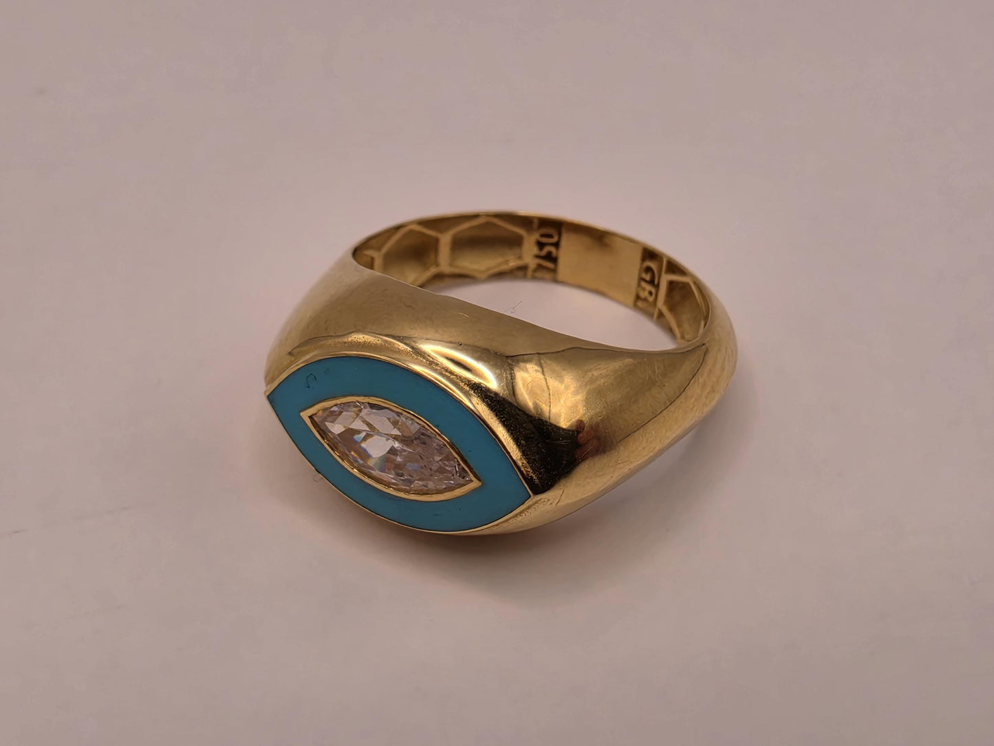 18K Yellow Gold CZ Enamel Evil Eye Ring Size 7 3.2g Cubic Zirconia Solid Gold Protection Amulet Fine Jewelry