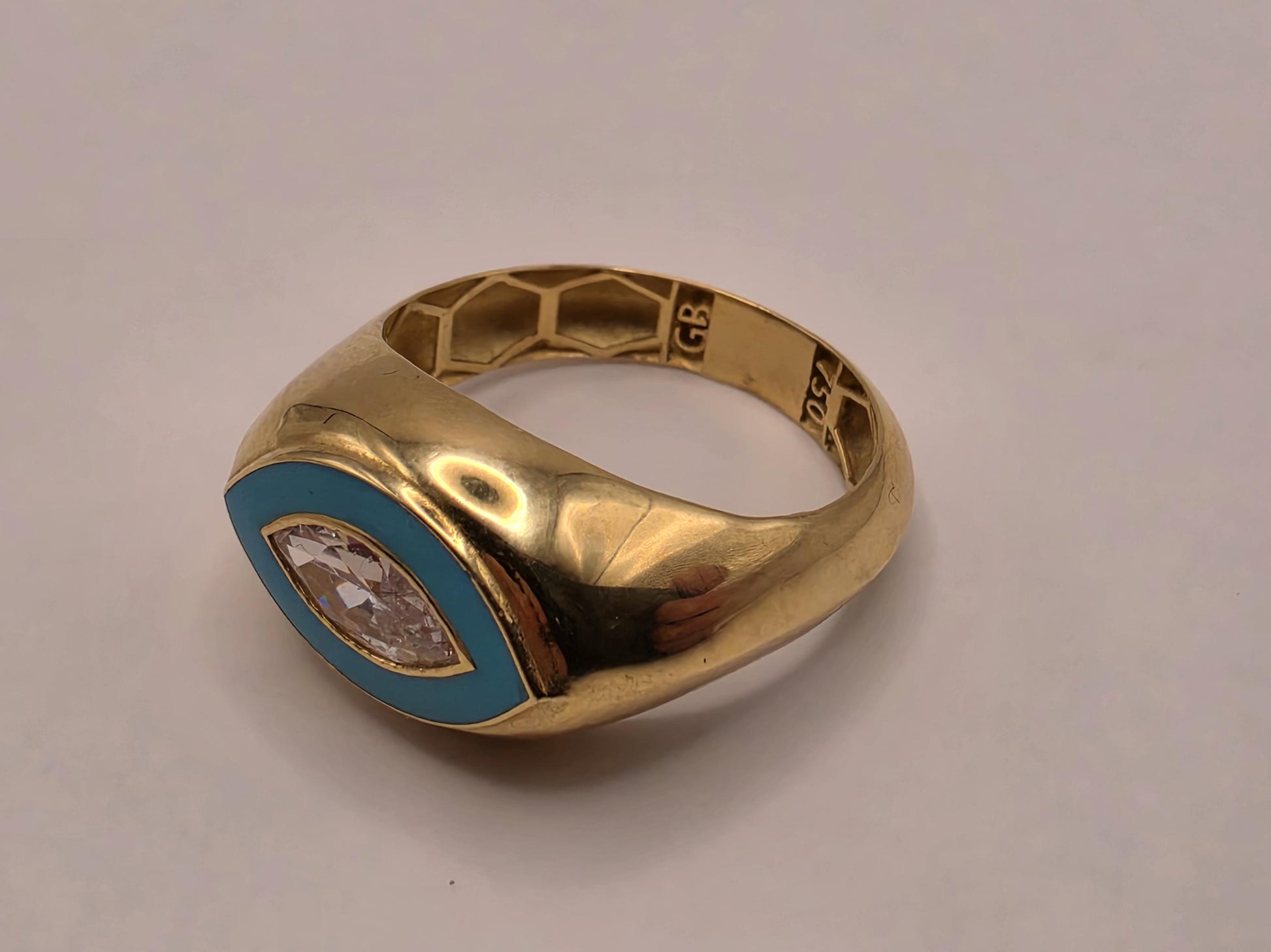 18K Yellow Gold CZ Enamel Evil Eye Ring Size 7 3.2g Cubic Zirconia Solid Gold Protection Amulet Fine Jewelry