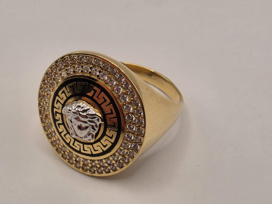 14K Yellow Gold CZ Medusa Greek Key Statement Ring Size 7 5.4g Cubic Zirconia Solid Gold Greek Key Statement Fine Jewelry