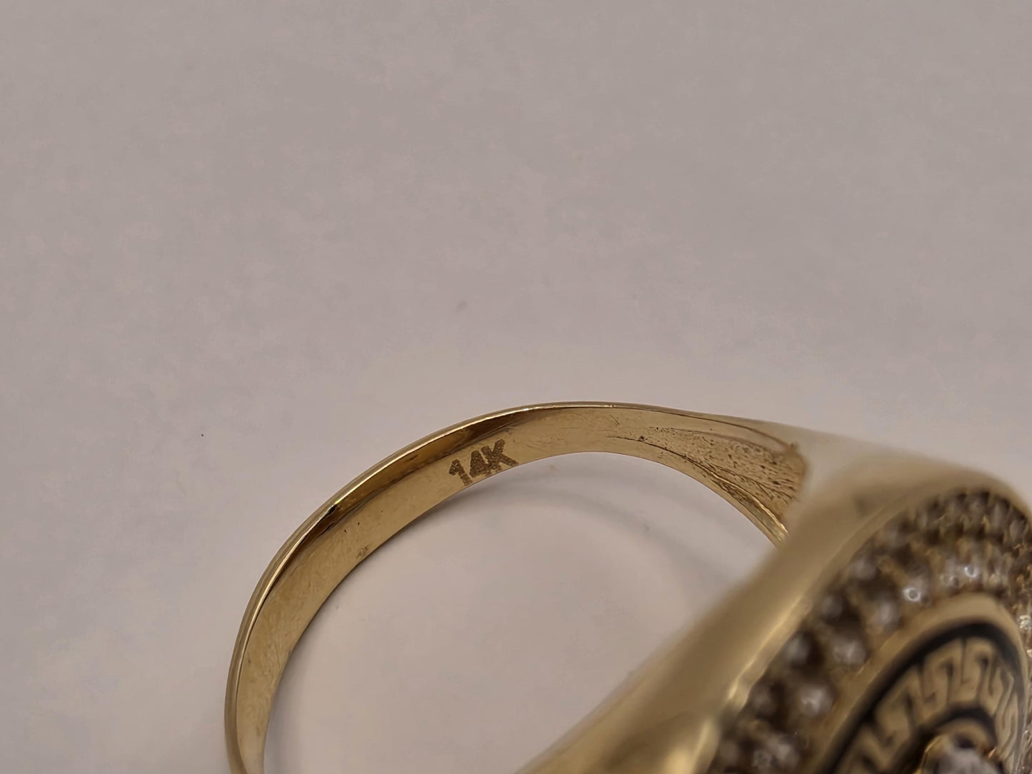14K Yellow Gold CZ Medusa Greek Key Statement Ring Size 7 5.4g Cubic Zirconia Solid Gold Greek Key Statement Fine Jewelry