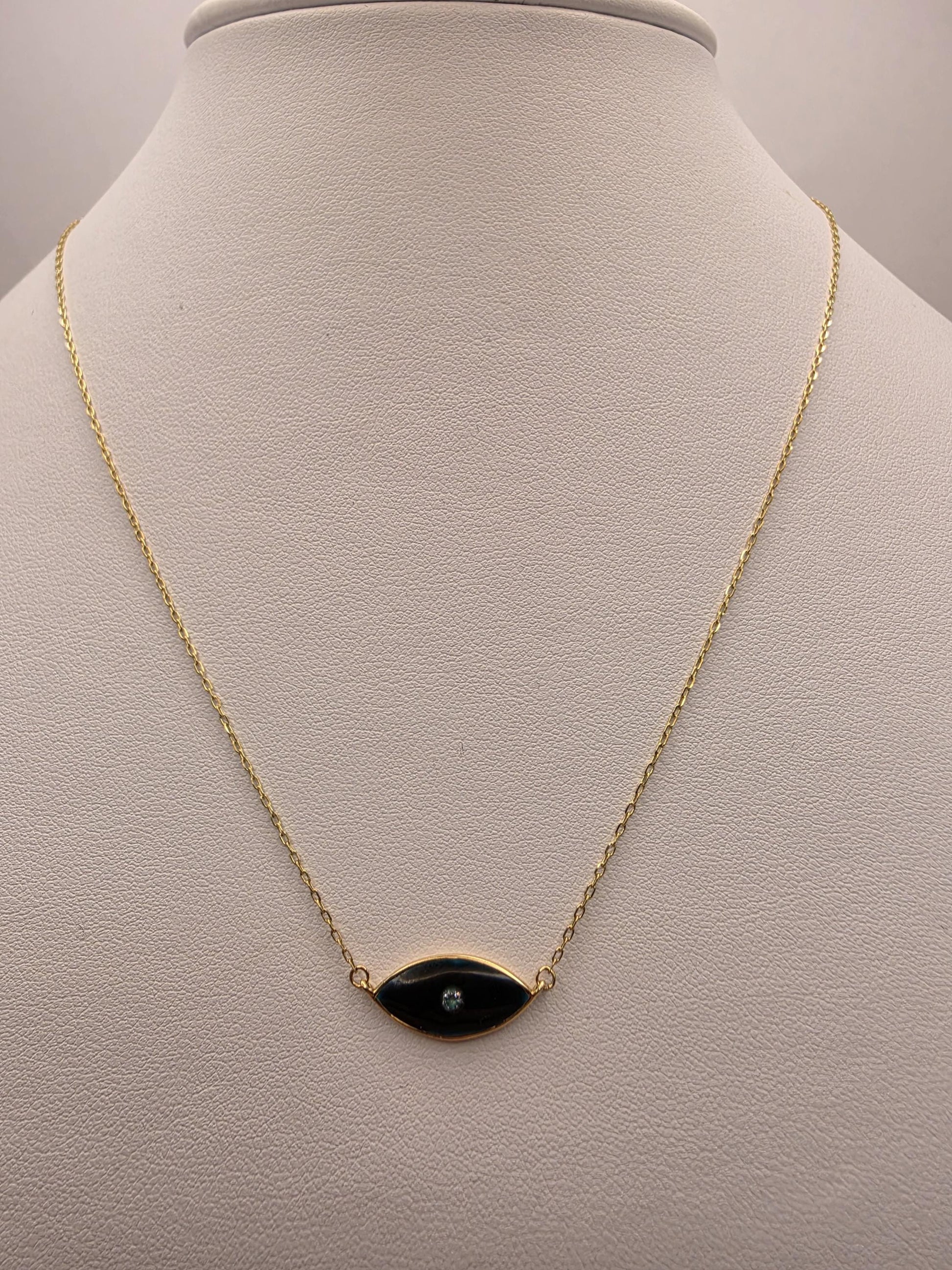 18K Yellow Gold Black Enamel Lab Diamond Evil Eye Necklace 16.5 Inch 2.3g Solid Gold Protection Amulet Fine Jewelry