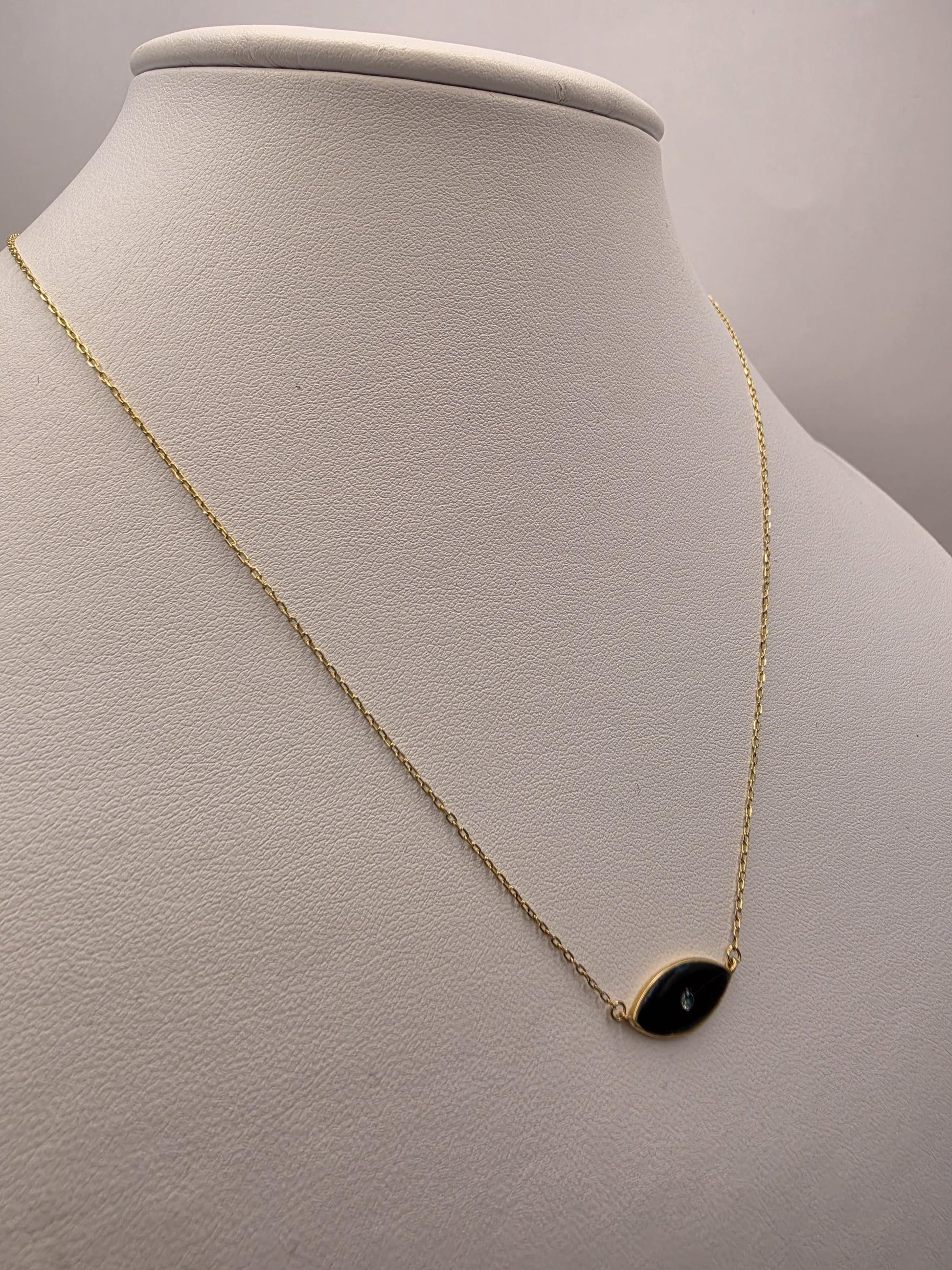 18K Yellow Gold Black Enamel Lab Diamond Evil Eye Necklace 16.5 Inch 2.3g Solid Gold Protection Amulet Fine Jewelry