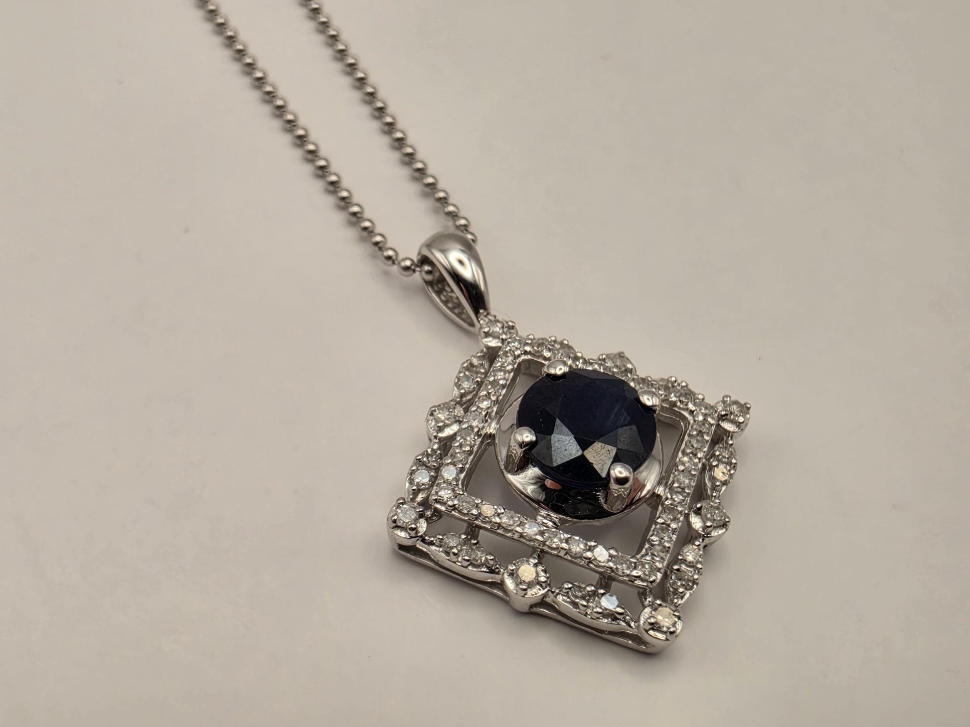 14K White Gold Blue Sapphire Diamond Halo Necklace 18 Inch Square Pendant Fine Jewelry