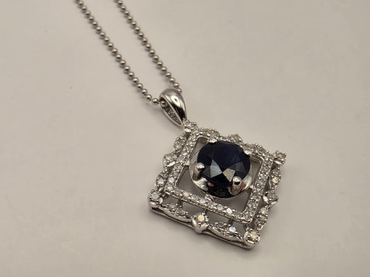 14K White Gold Blue Sapphire Diamond Halo Necklace 18 Inch Square Pendant Fine Jewelry
