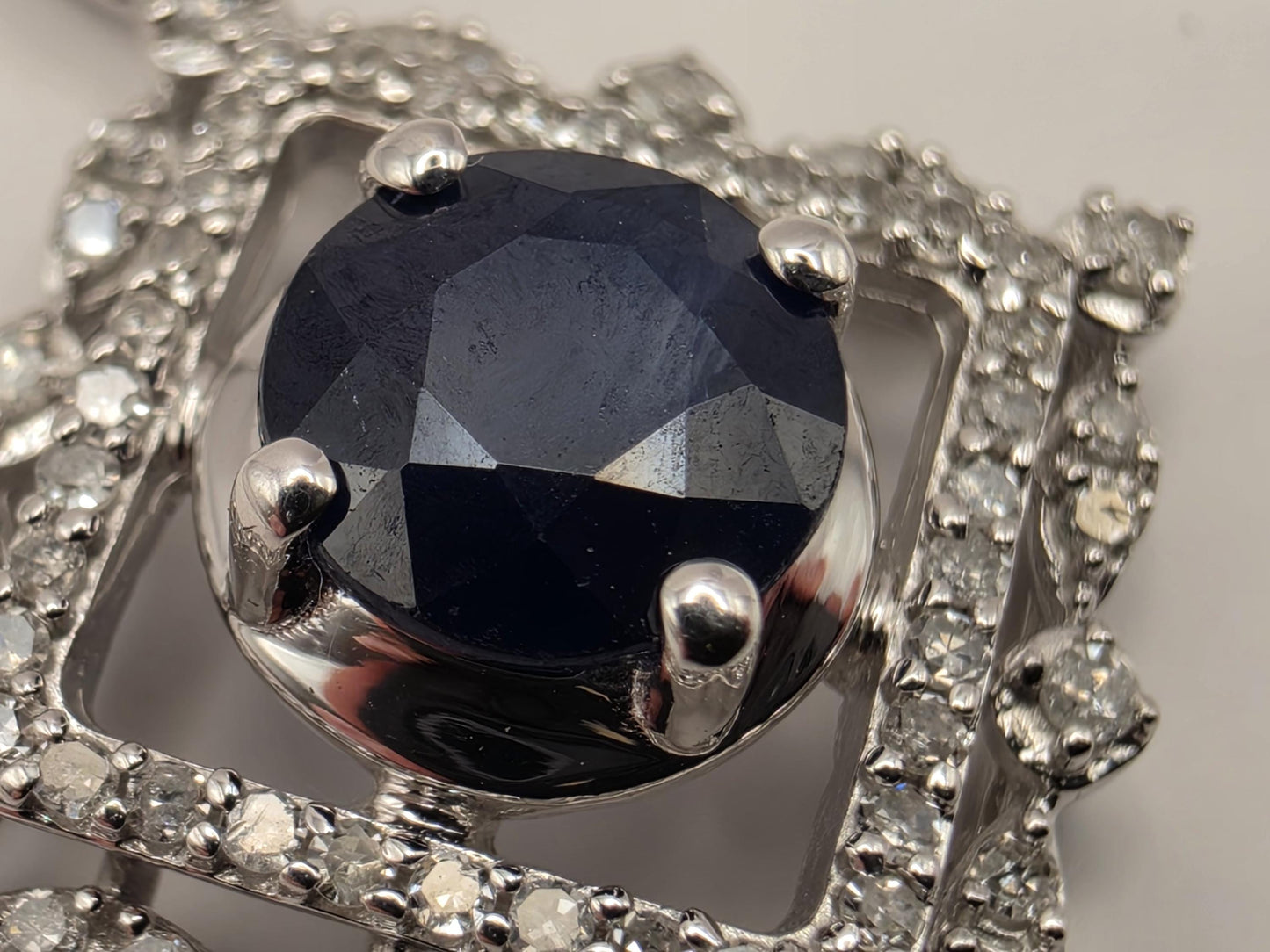 14K White Gold Blue Sapphire Diamond Halo Necklace 18 Inch Square Pendant Fine Jewelry