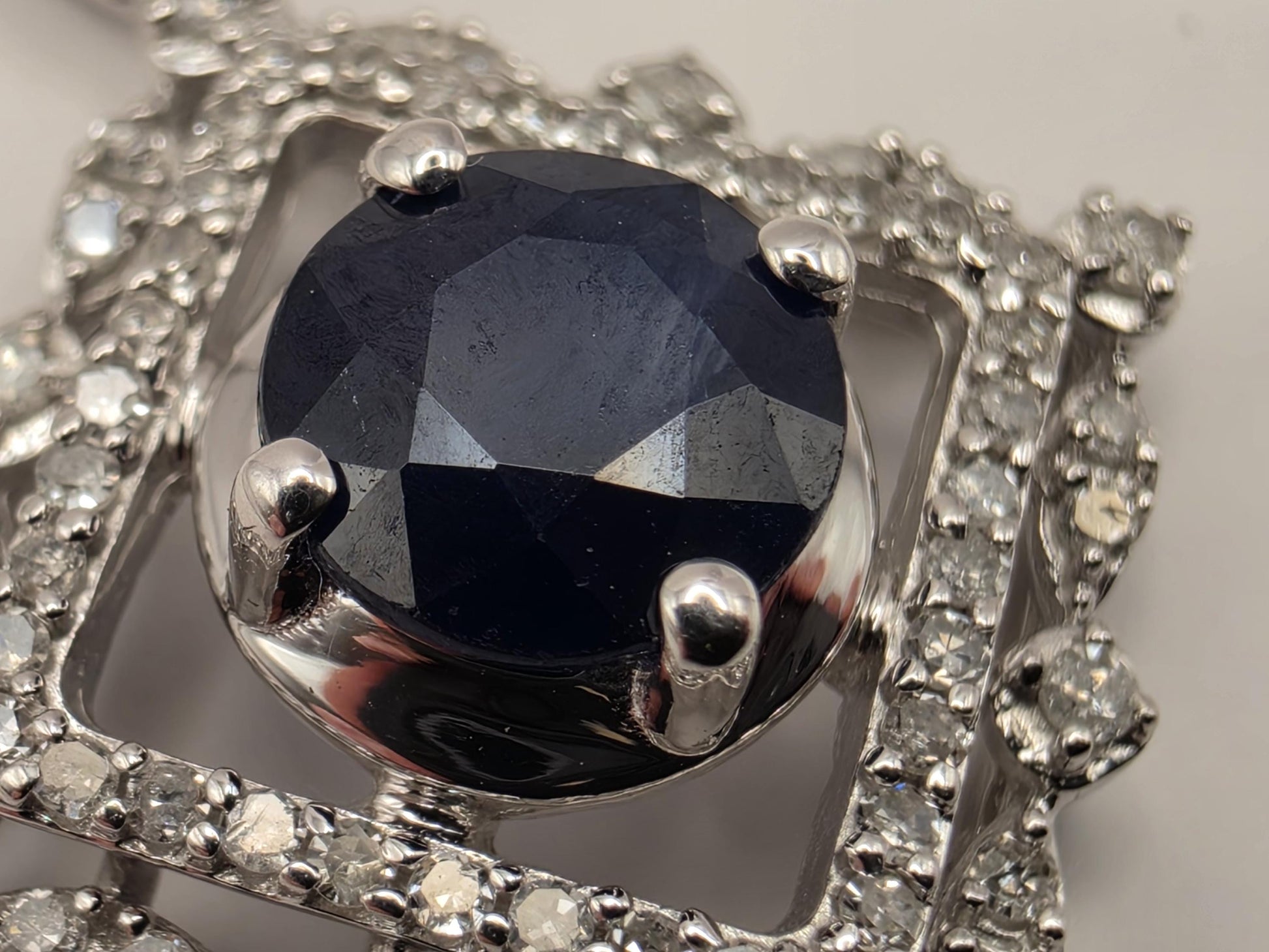 14K White Gold Blue Sapphire Diamond Halo Necklace 18 Inch Square Pendant Fine Jewelry