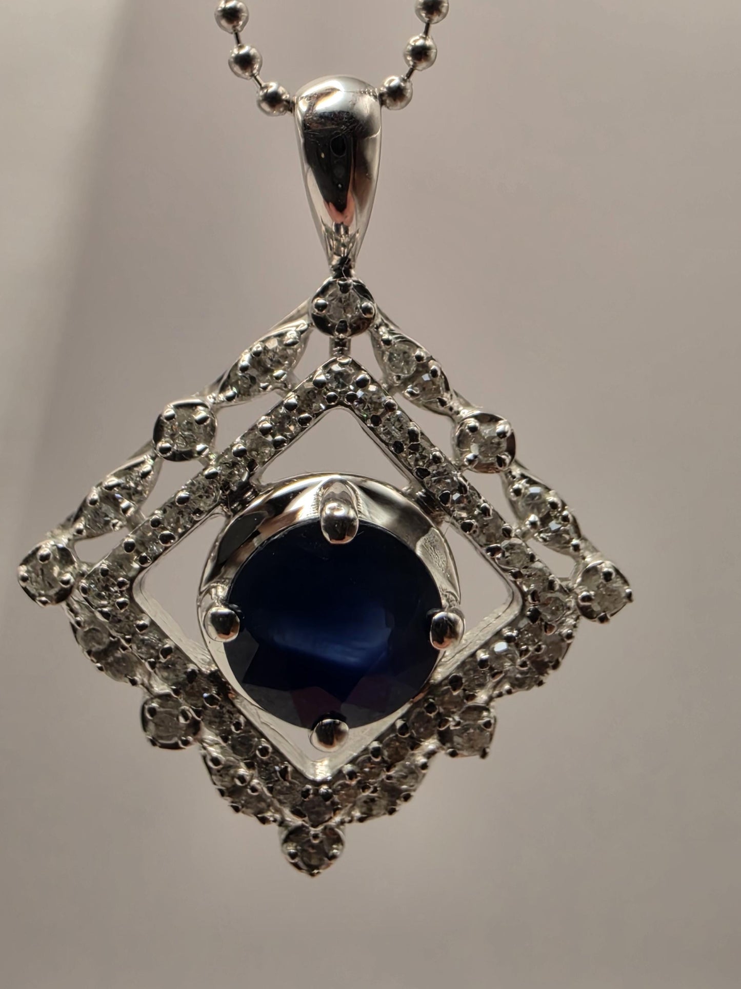 14K White Gold Blue Sapphire Diamond Halo Necklace 18 Inch Square Pendant Fine Jewelry