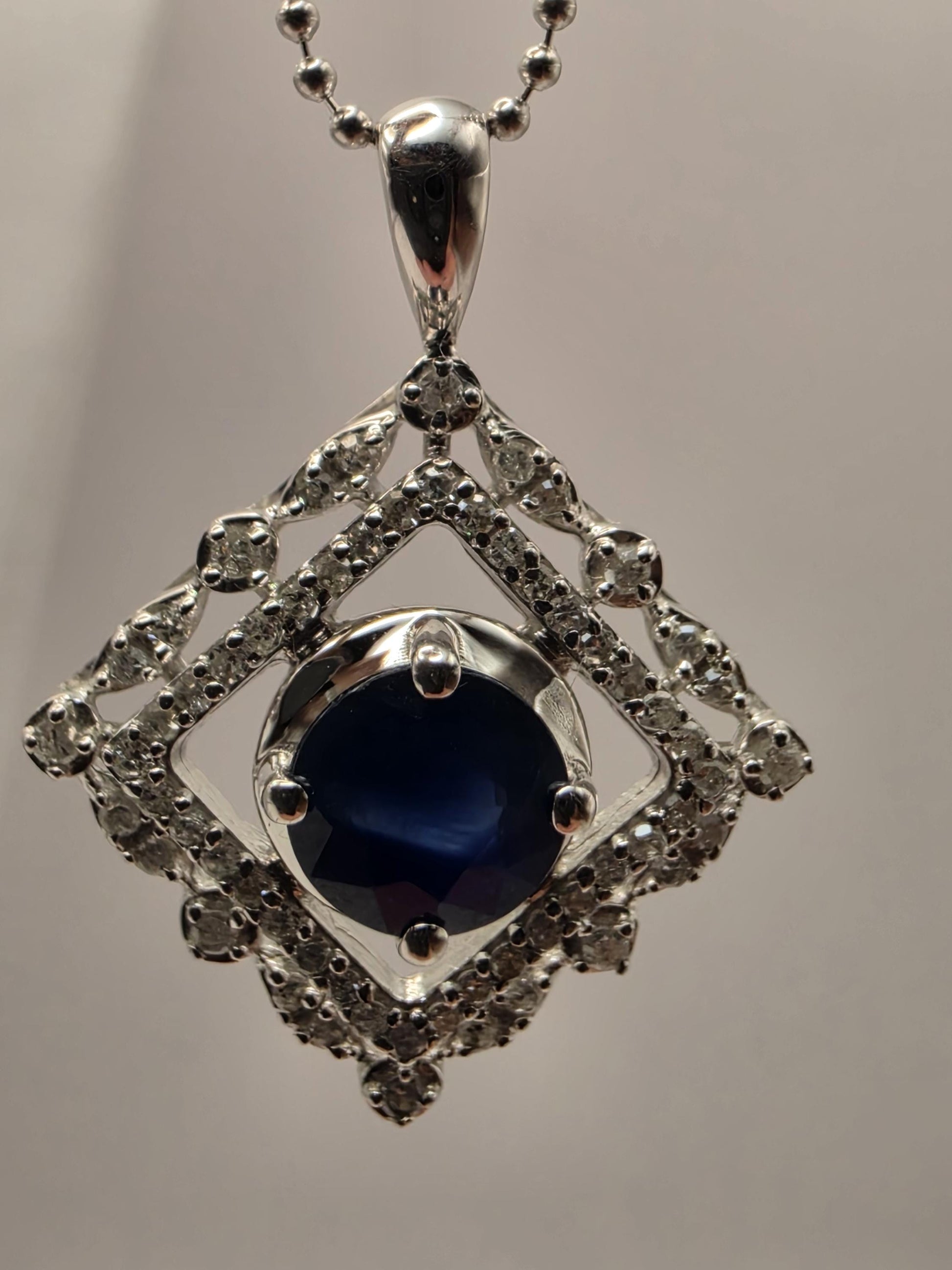 14K White Gold Blue Sapphire Diamond Halo Necklace 18 Inch Square Pendant Fine Jewelry