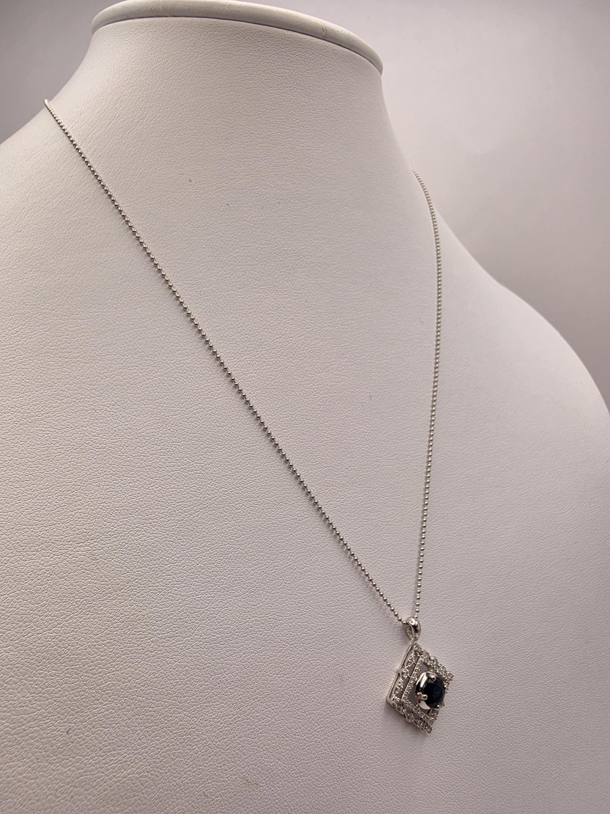 14K White Gold Blue Sapphire Diamond Halo Necklace 18 Inch Square Pendant Fine Jewelry