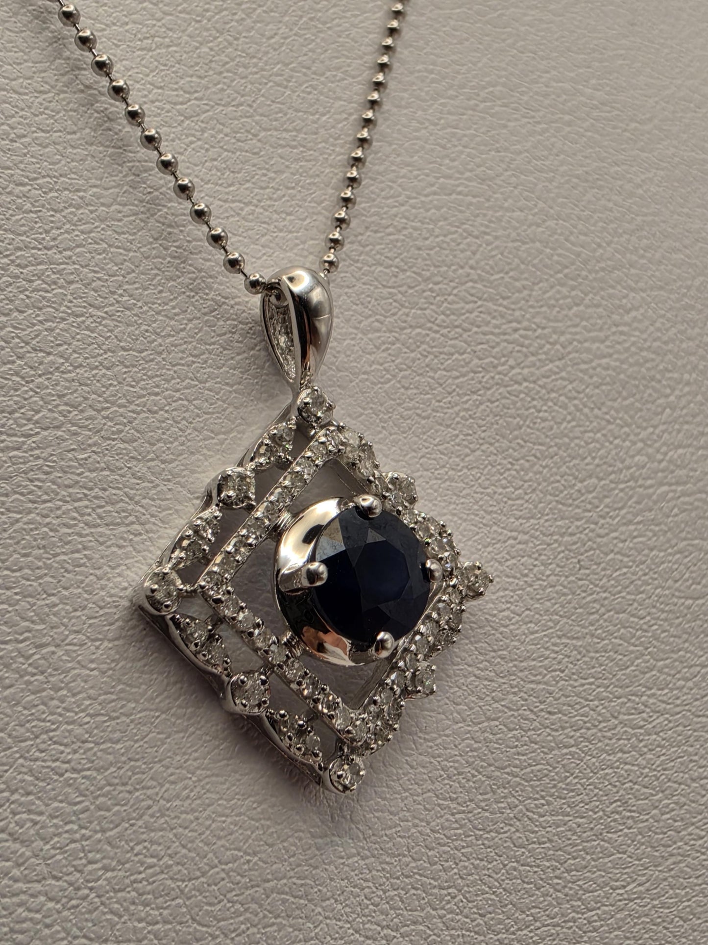 14K White Gold Blue Sapphire Diamond Halo Necklace 18 Inch Square Pendant Fine Jewelry