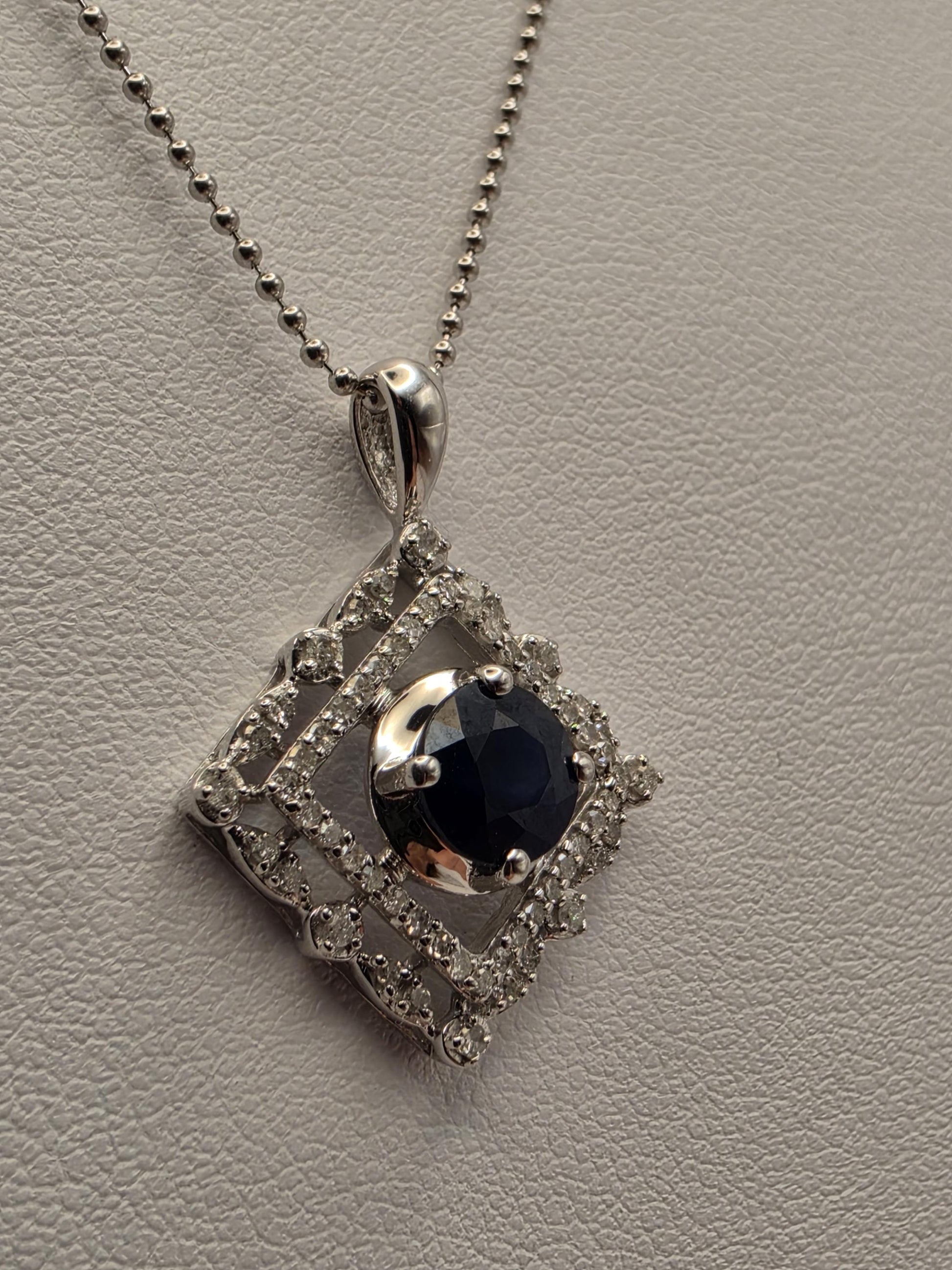 14K White Gold Blue Sapphire Diamond Halo Necklace 18 Inch Square Pendant Fine Jewelry