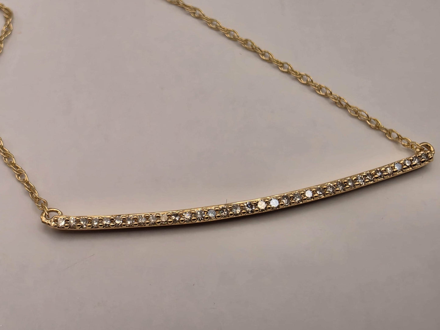14K Yellow Gold Diamond Curved Bar Necklace 19.25 Inch Pave Minimalist Fine Jewelry