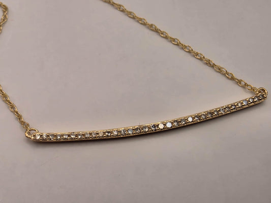 14K Yellow Gold Diamond Curved Bar Necklace 19.25 Inch Pave Minimalist Fine Jewelry