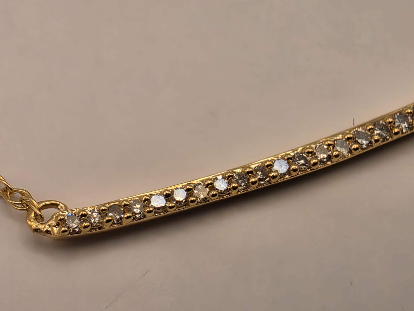 14K Yellow Gold Diamond Curved Bar Necklace 19.25 Inch Pave Minimalist Fine Jewelry