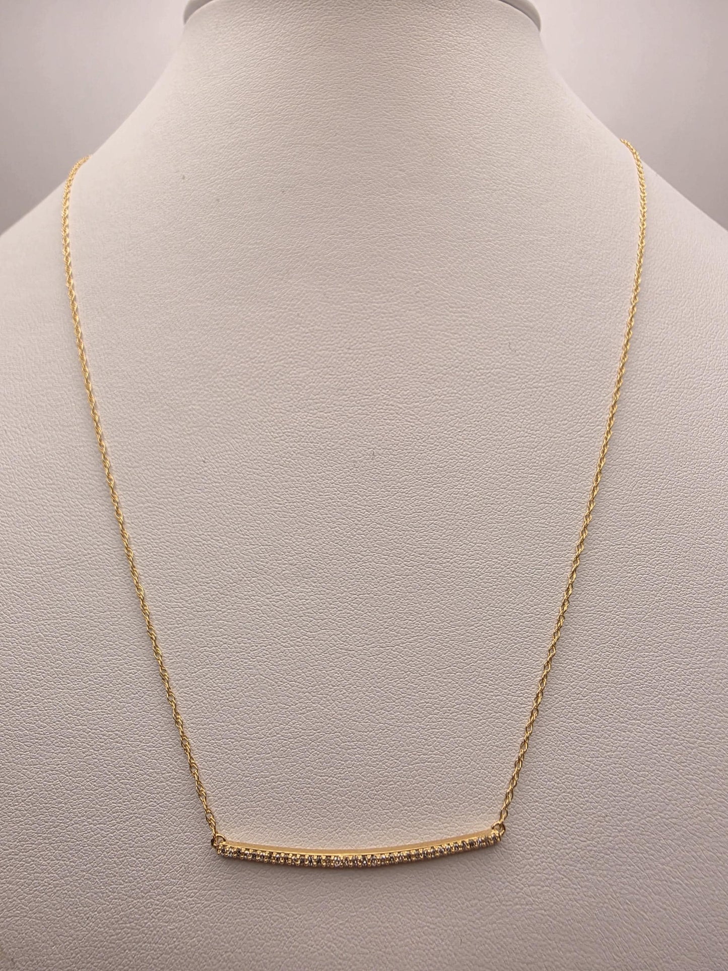 14K Yellow Gold Diamond Curved Bar Necklace 19.25 Inch Pave Minimalist Fine Jewelry