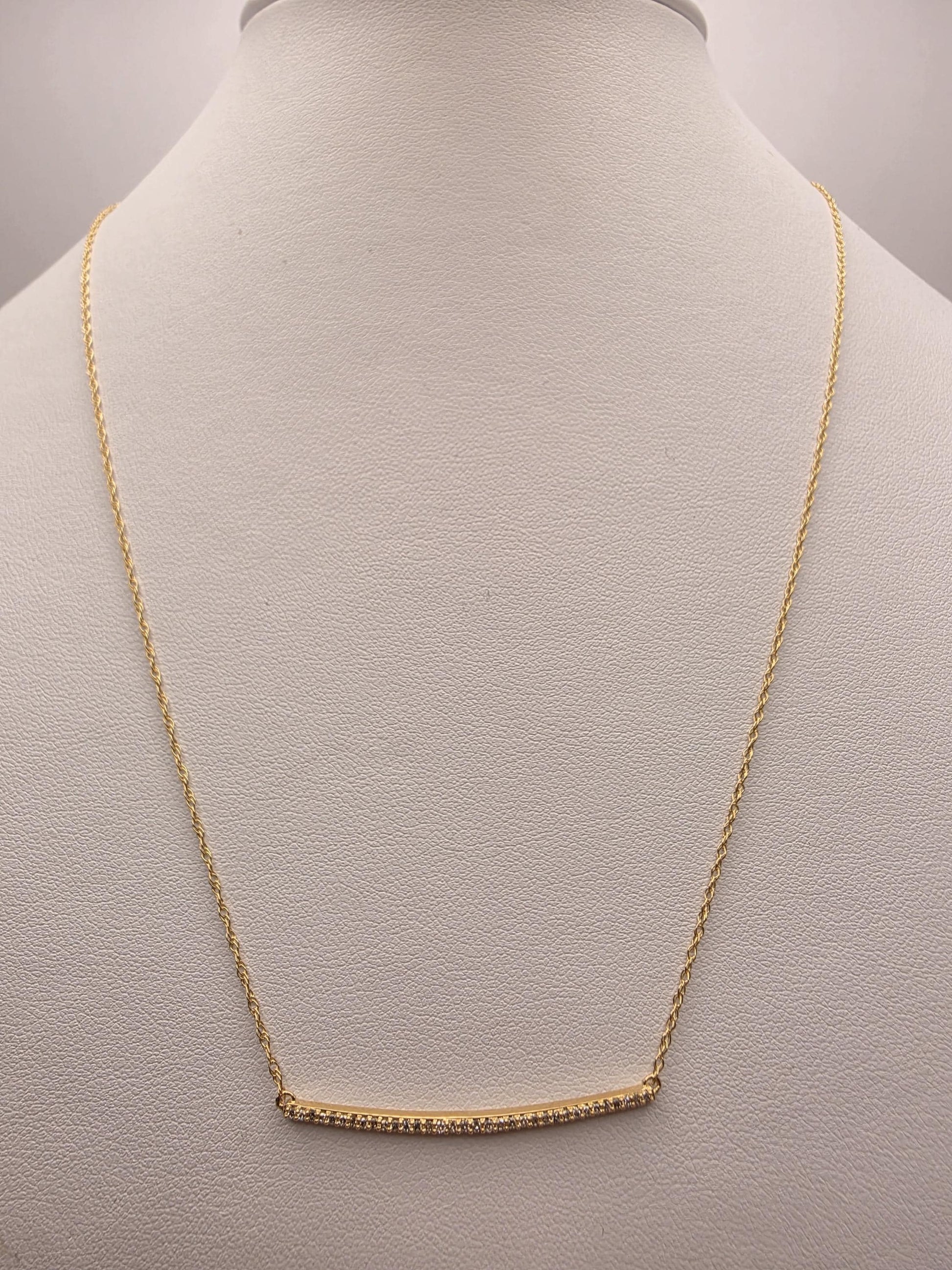 14K Yellow Gold Diamond Curved Bar Necklace 19.25 Inch Pave Minimalist Fine Jewelry
