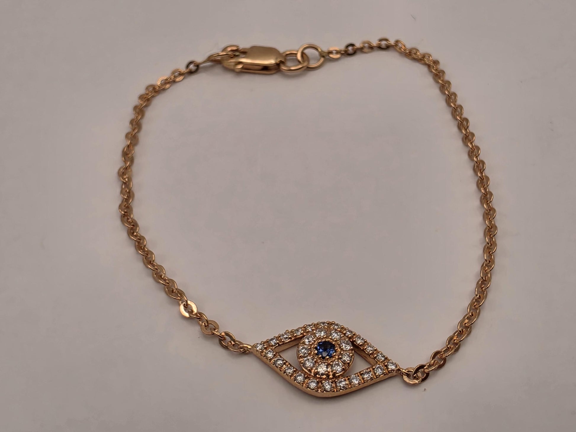 14K Rose Gold Diamond Sapphire Evil Eye Bracelet 6 Inch 0.16 CTW Fine Jewelry
