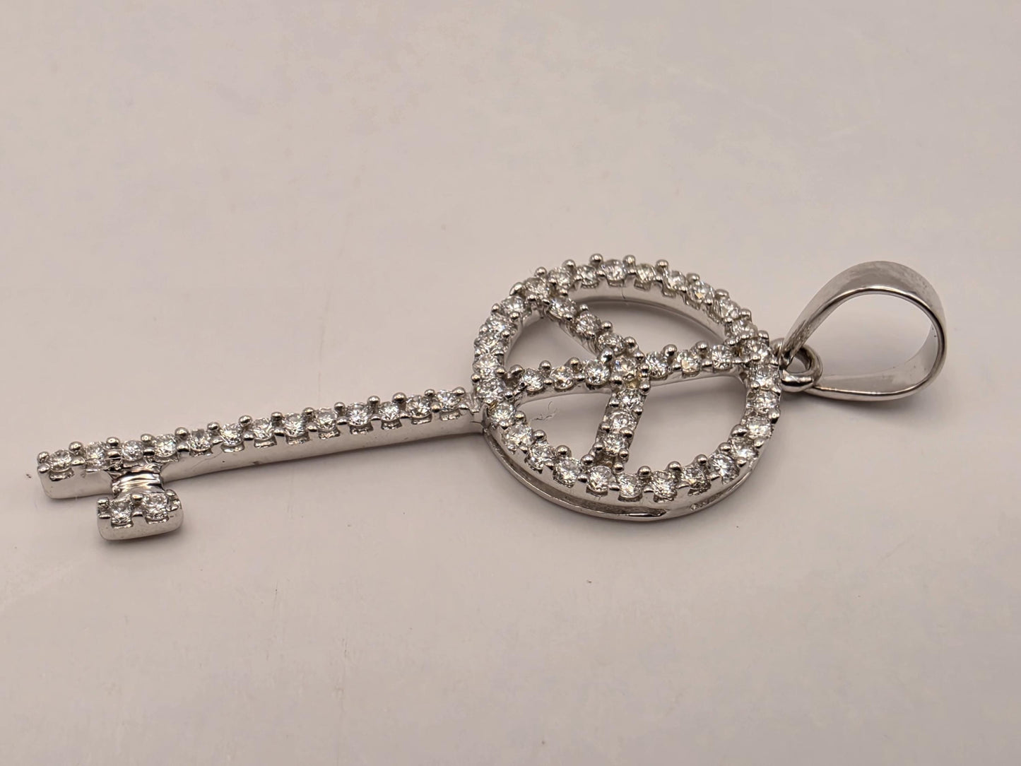 14K White Gold Diamond Peace Sign Key Pendant 25.4mm Fine Jewelry Charm