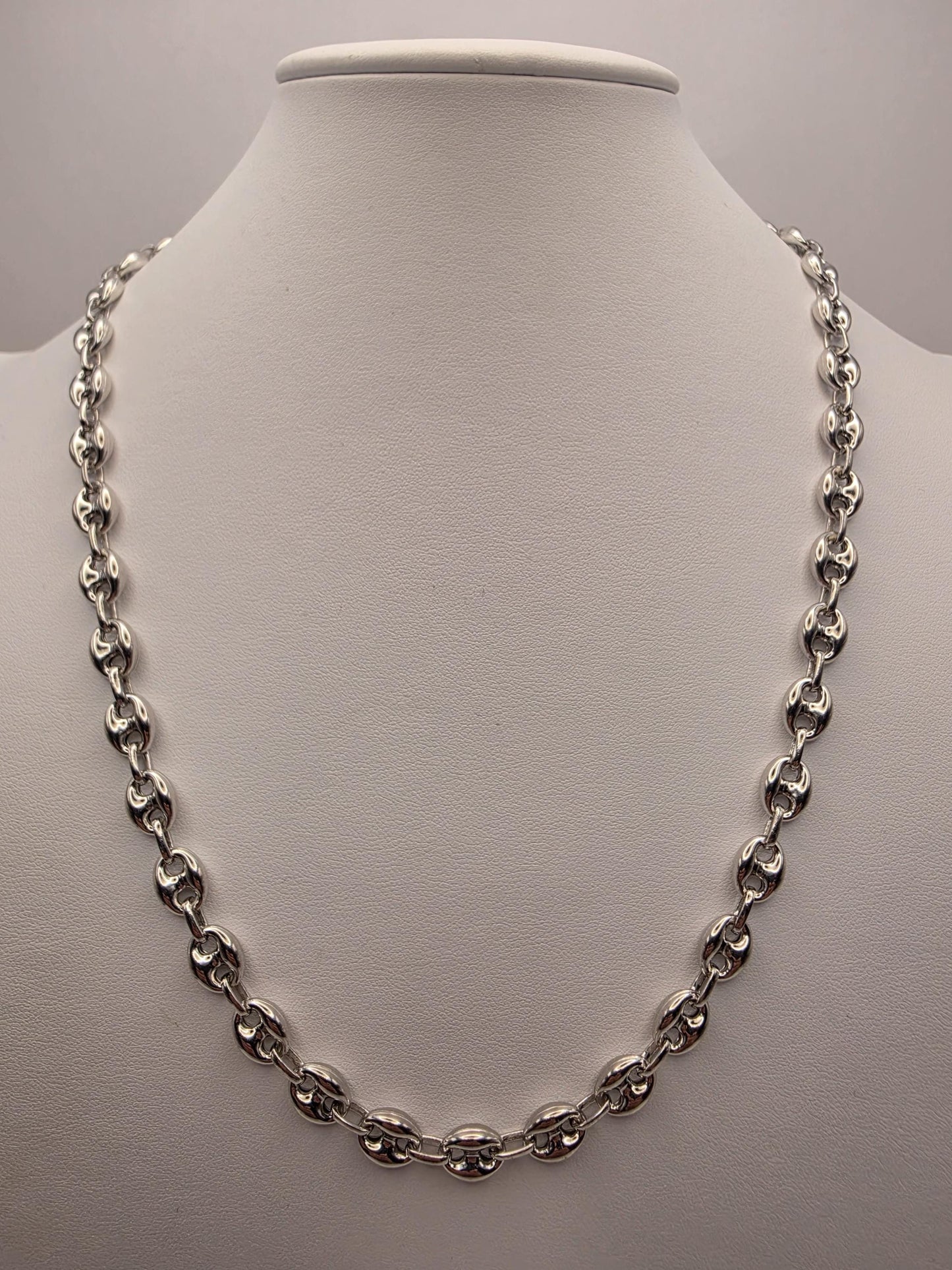 Sterling Silver Mariner Chain Necklace 22 Inch 8mm Coffee Bean Link 28.6 Grams Nautical Unisex Statement Jewelry Gift