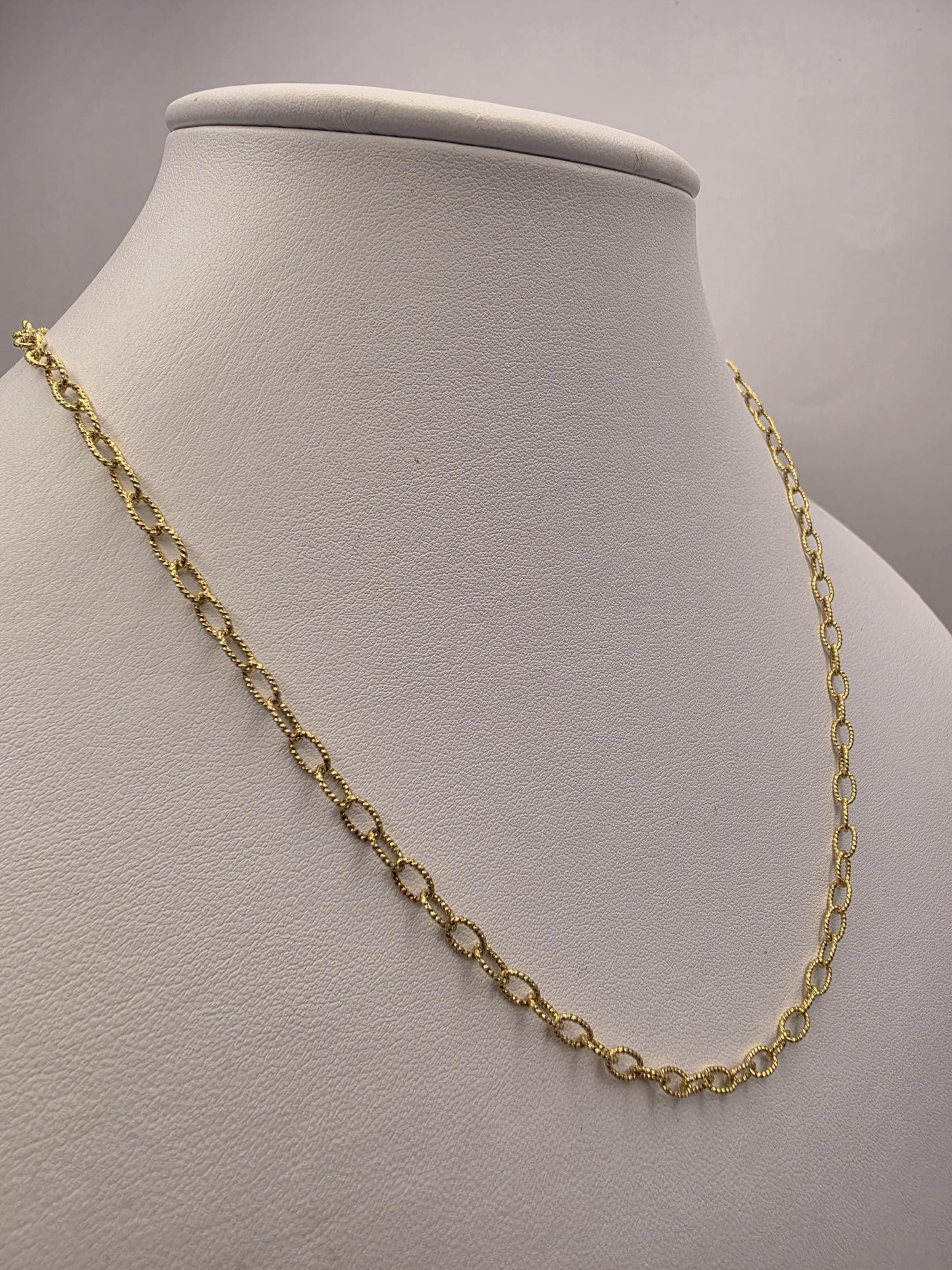 Gold Plated Sterling Silver Textured Oval Link Necklace 18 Inch 3.7mm 5.8 Grams Delicate Unisex Layering Jewelry