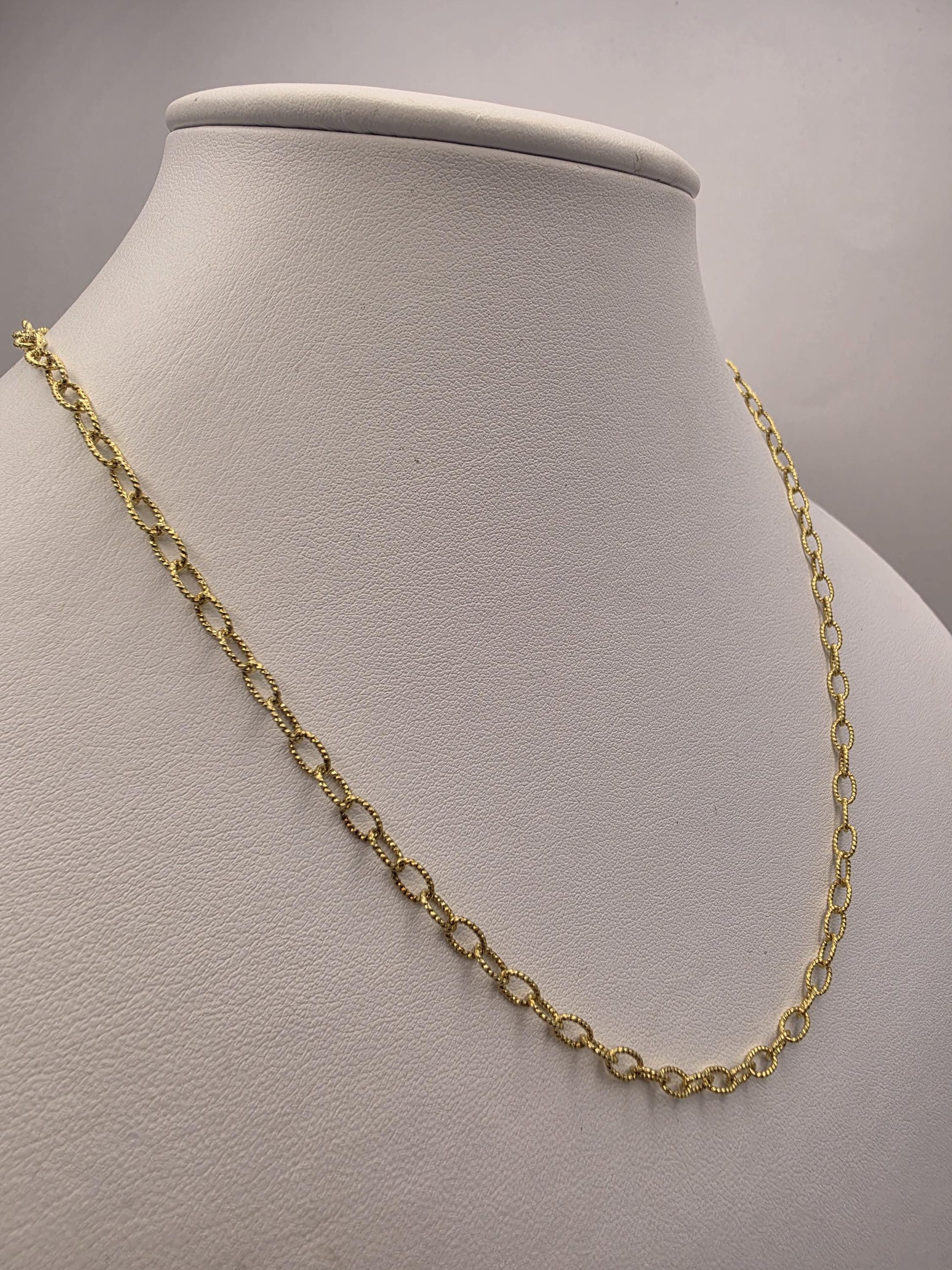 Gold Plated Sterling Silver Textured Oval Link Necklace 18 Inch 3.7mm 5.8 Grams Delicate Unisex Layering Jewelry