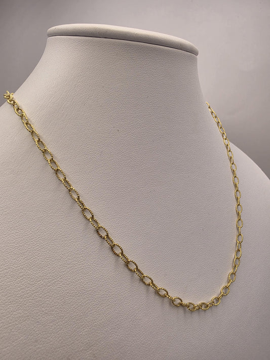 Gold Plated Sterling Silver Textured Oval Link Necklace 18 Inch 3.7mm 5.8 Grams Delicate Unisex Layering Jewelry