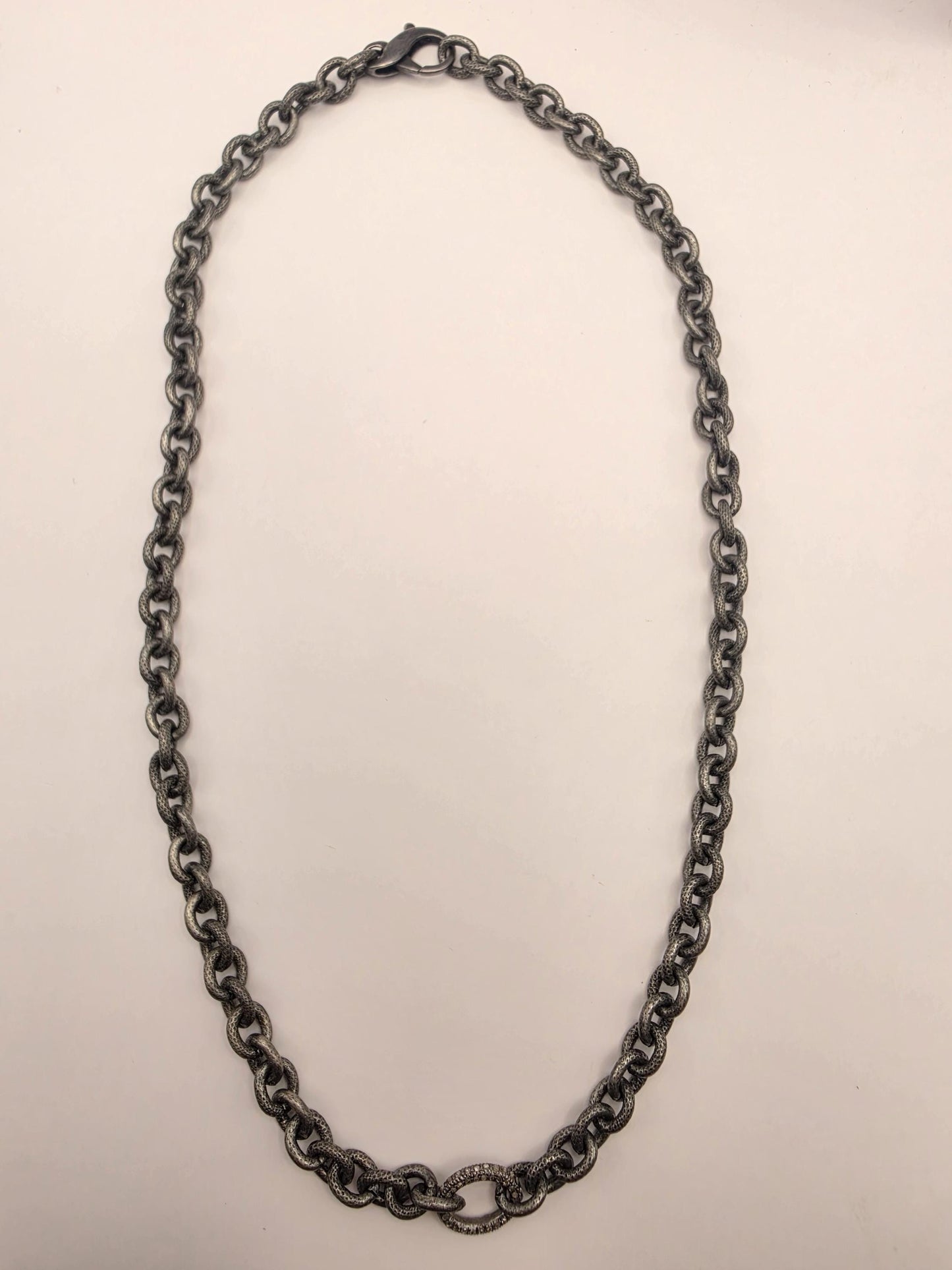 Sterling Silver Textured Link Chain Necklace Black Gunmetal Finish 21 Inch 7.5mm 50.3 Grams CZ Center Ring Statement