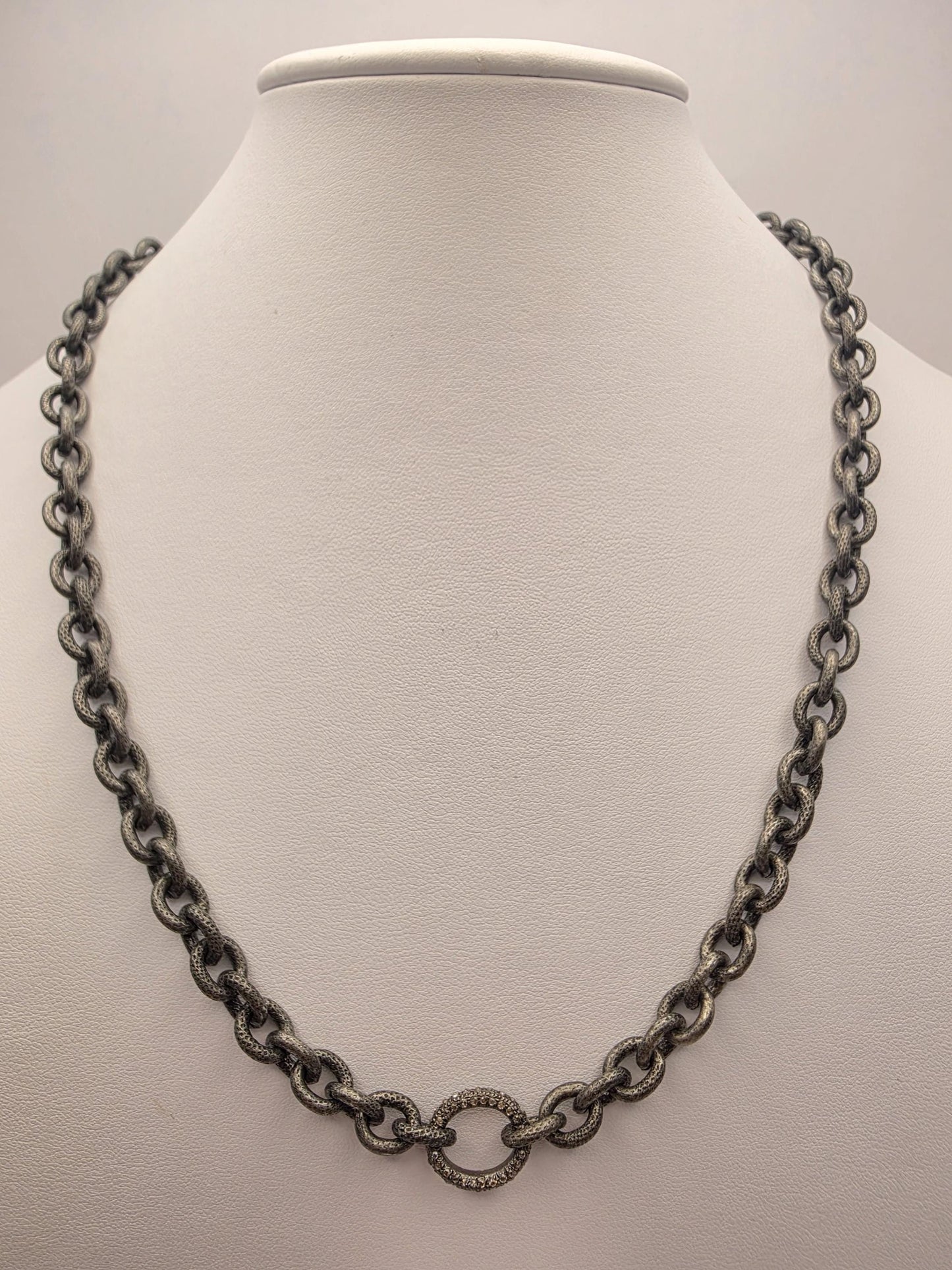 Sterling Silver Textured Link Chain Necklace Black Gunmetal Finish 21 Inch 7.5mm 50.3 Grams CZ Center Ring Statement