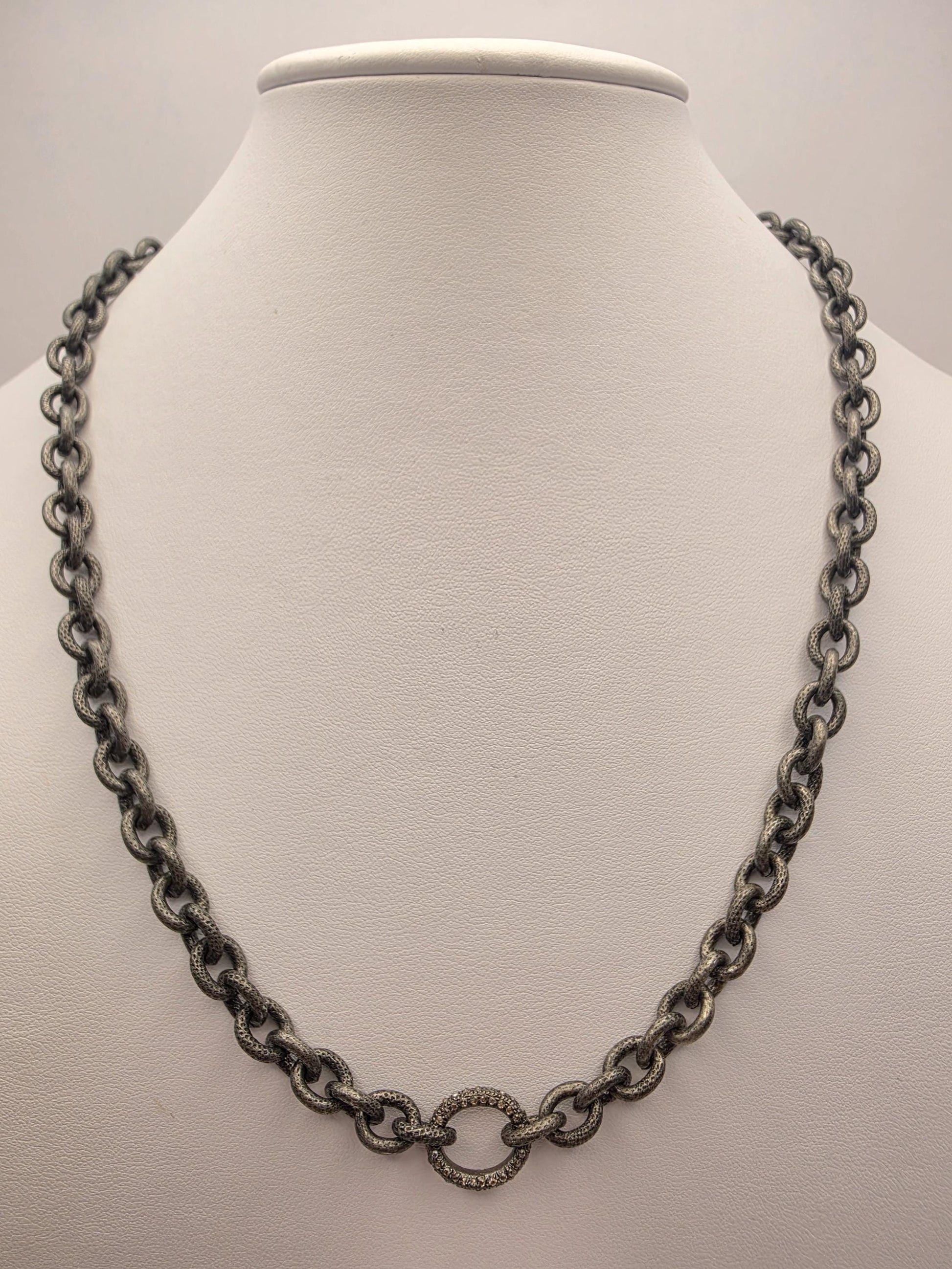 Sterling Silver Textured Link Chain Necklace Black Gunmetal Finish 21 Inch 7.5mm 50.3 Grams CZ Center Ring Statement