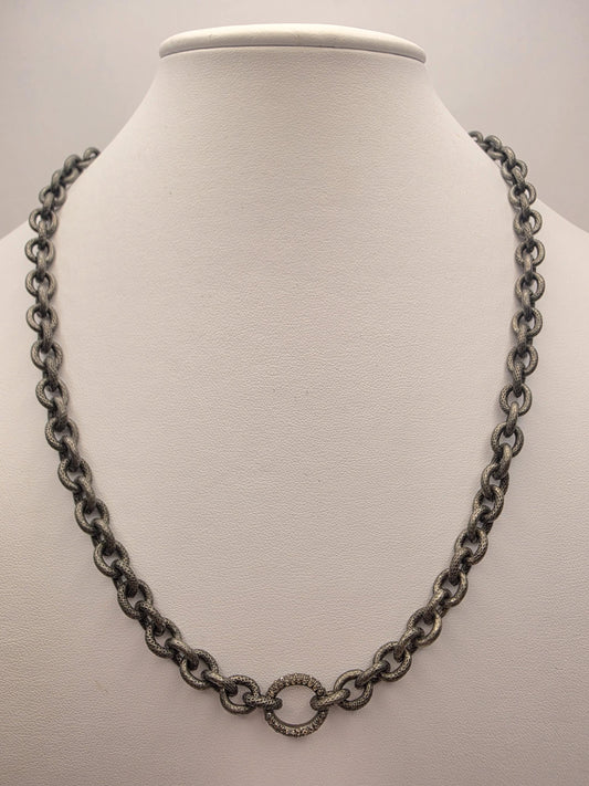 Sterling Silver Textured Link Chain Necklace Black Gunmetal Finish 21 Inch 7.5mm 50.3 Grams CZ Center Ring Statement