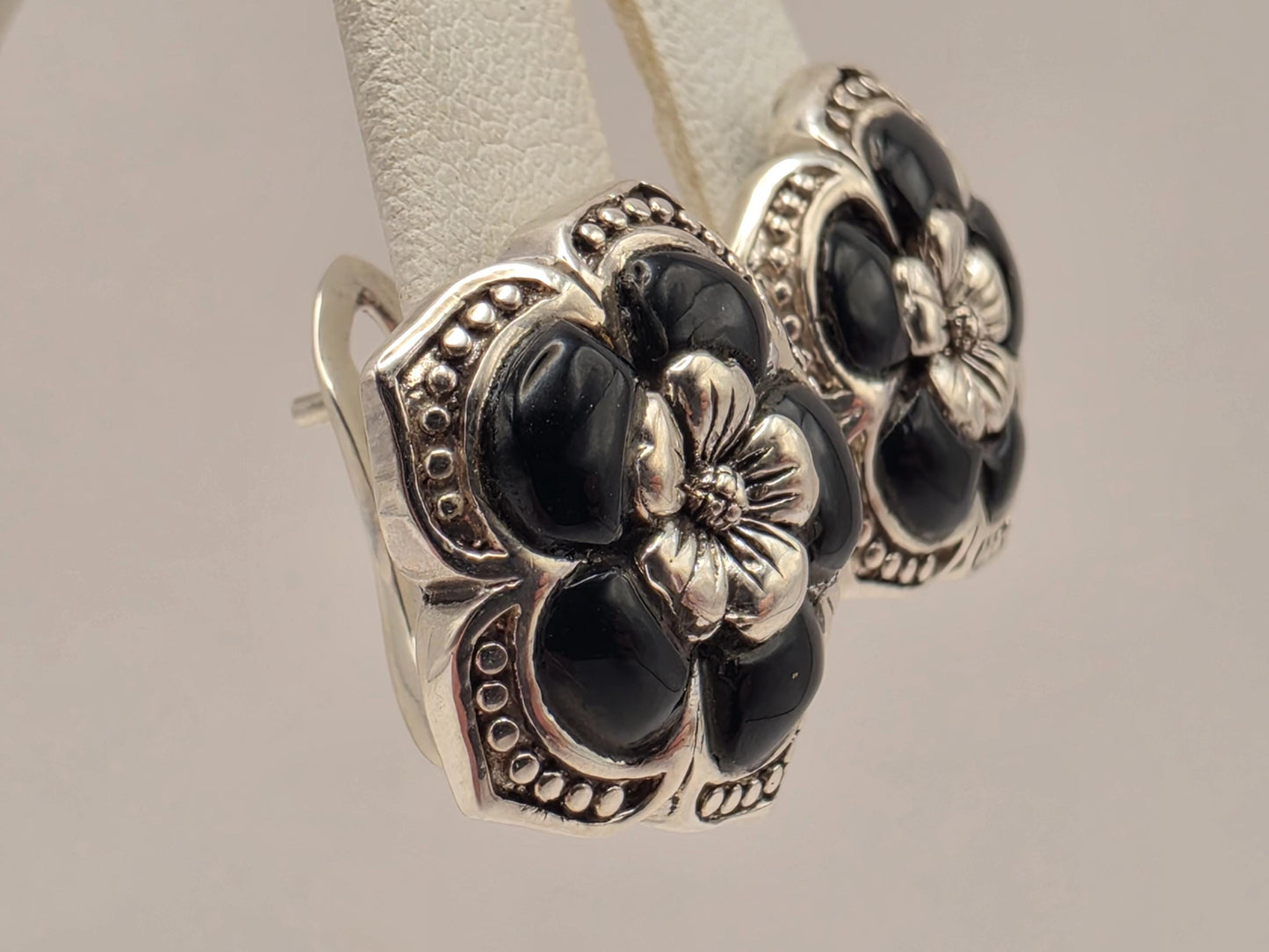 Genuine Black Onyx Flower Earrings 925 Sterling Silver 18mm 9 Grams Omega Back Floral Statement Jewelry Gift for Her