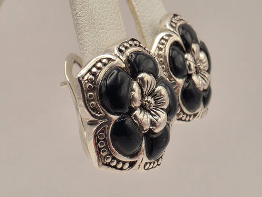 Genuine Black Onyx Flower Earrings 925 Sterling Silver 18mm 9 Grams Omega Back Floral Statement Jewelry Gift for Her