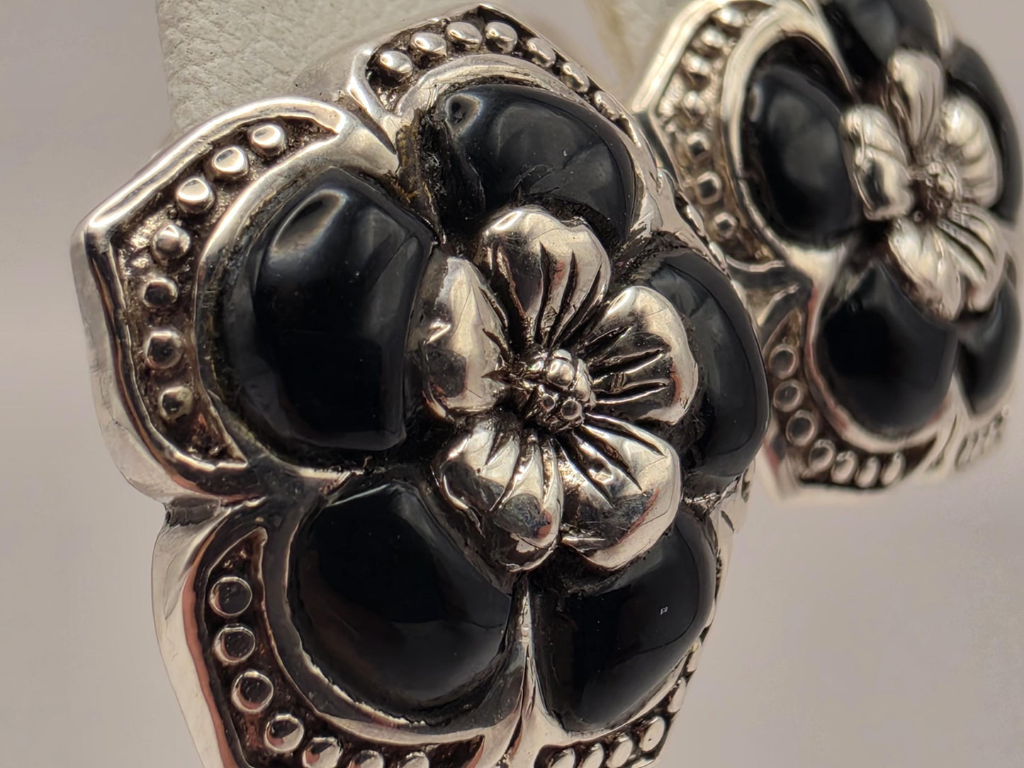 Genuine Black Onyx Flower Earrings 925 Sterling Silver 18mm 9 Grams Omega Back Floral Statement Jewelry Gift for Her