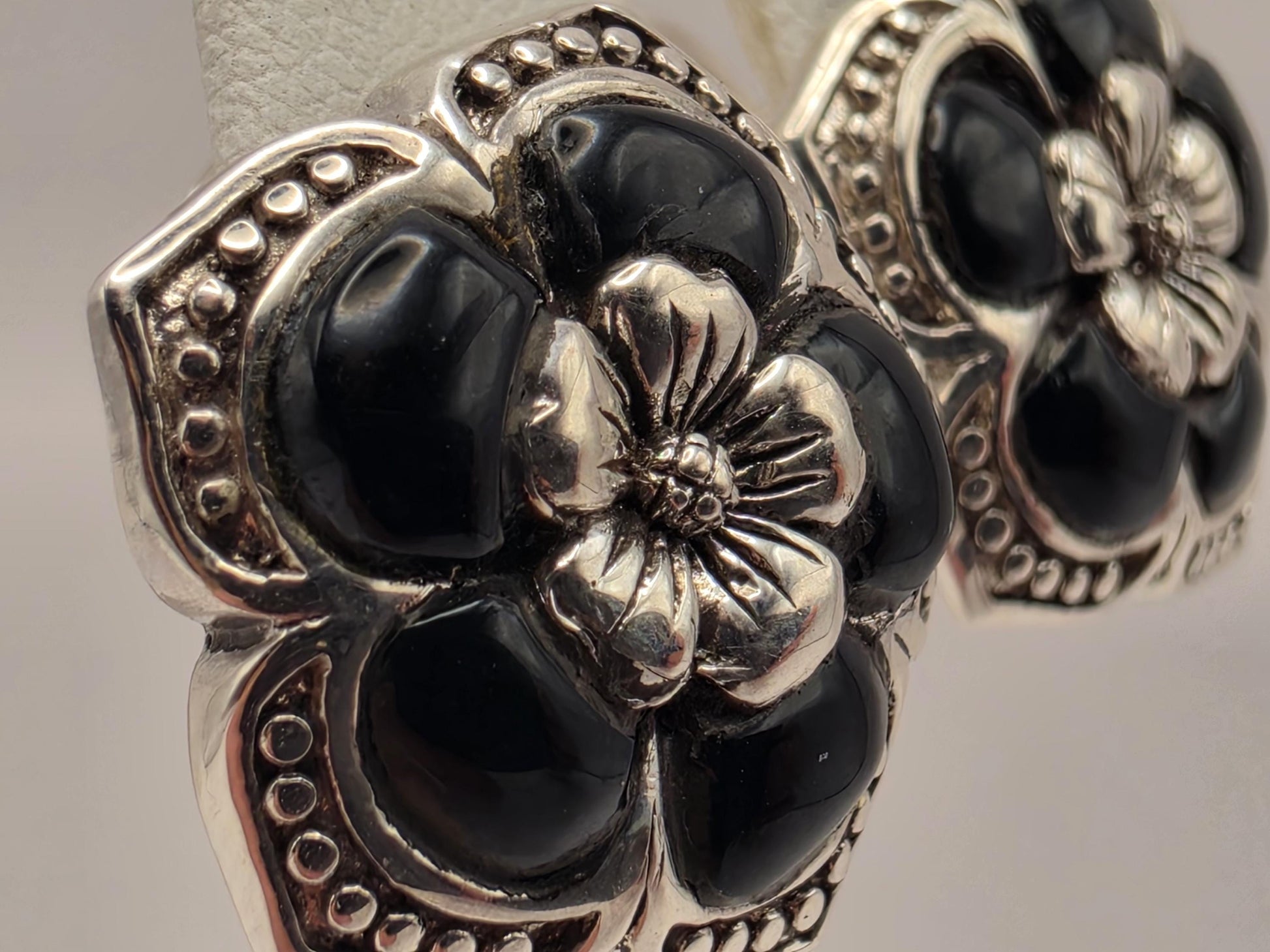 Genuine Black Onyx Flower Earrings 925 Sterling Silver 18mm 9 Grams Omega Back Floral Statement Jewelry Gift for Her