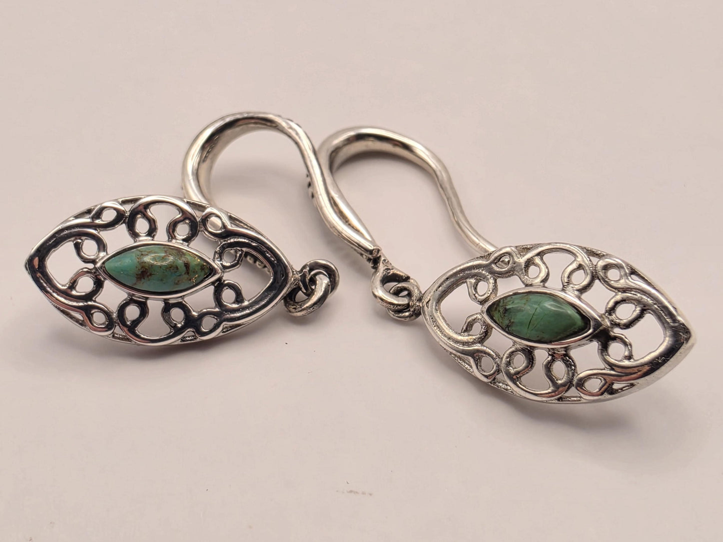 Genuine Turquoise Filigree Drop Earrings 925 Sterling Silver 32mm Marquise Dangle Lightweight Southwest Gift for Her