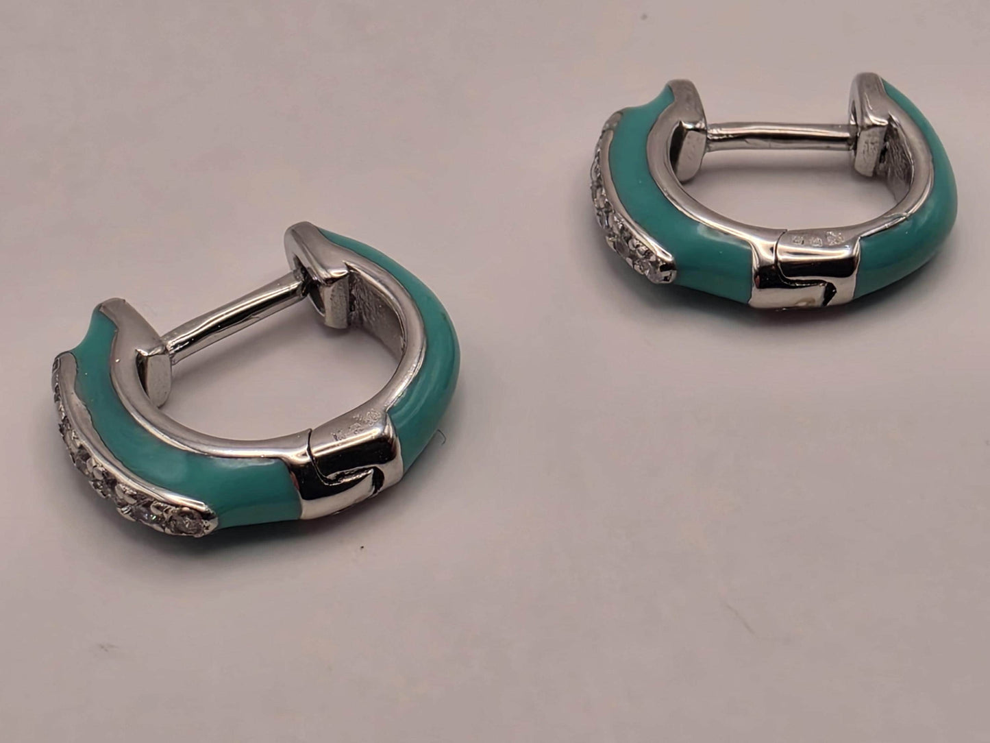 Turquoise Enamel CZ Huggie Hoop Earrings 925 Sterling Silver 13mm Small Colorful Sparkle Gift for Her