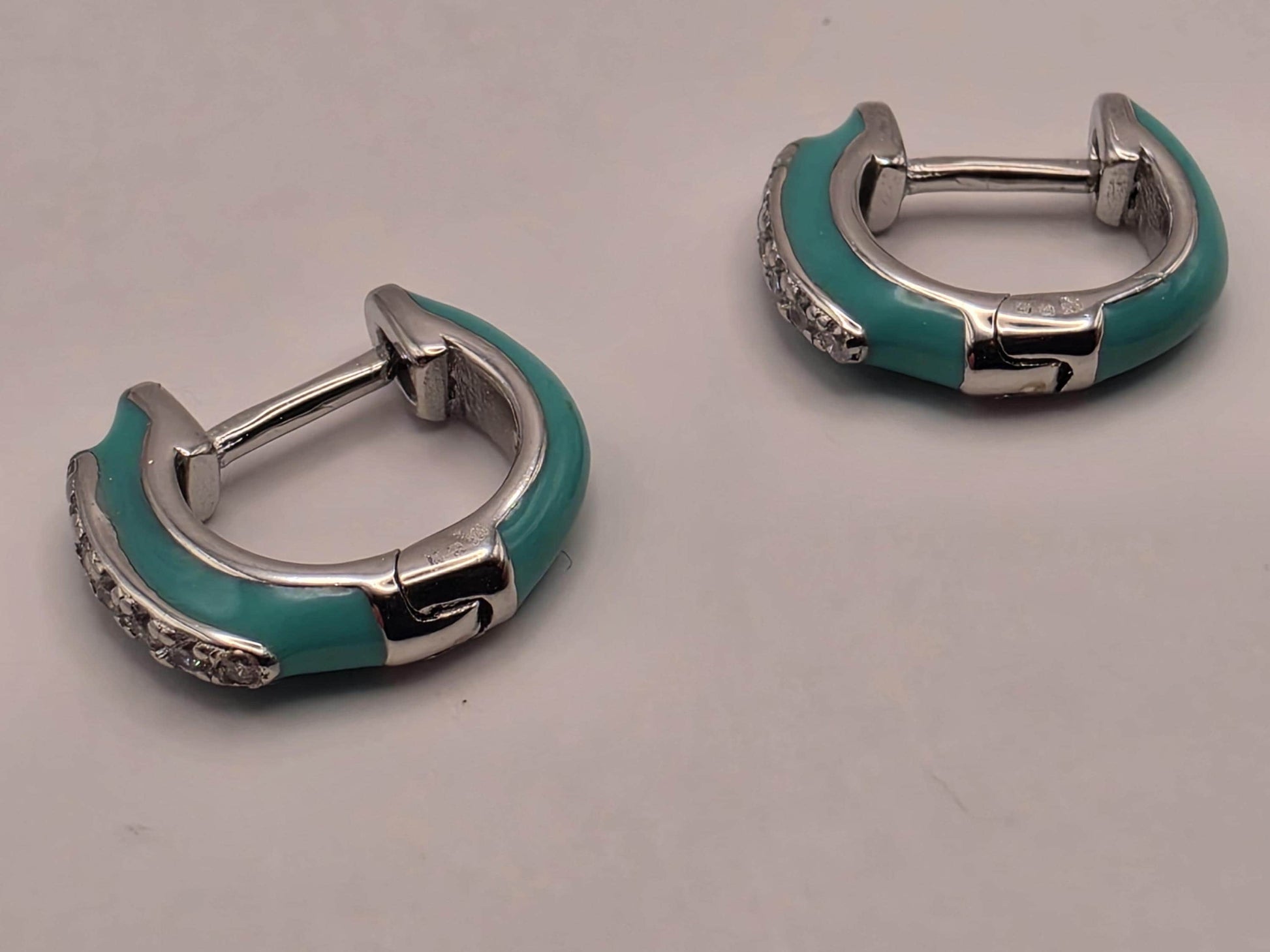 Turquoise Enamel CZ Huggie Hoop Earrings 925 Sterling Silver 13mm Small Colorful Sparkle Gift for Her